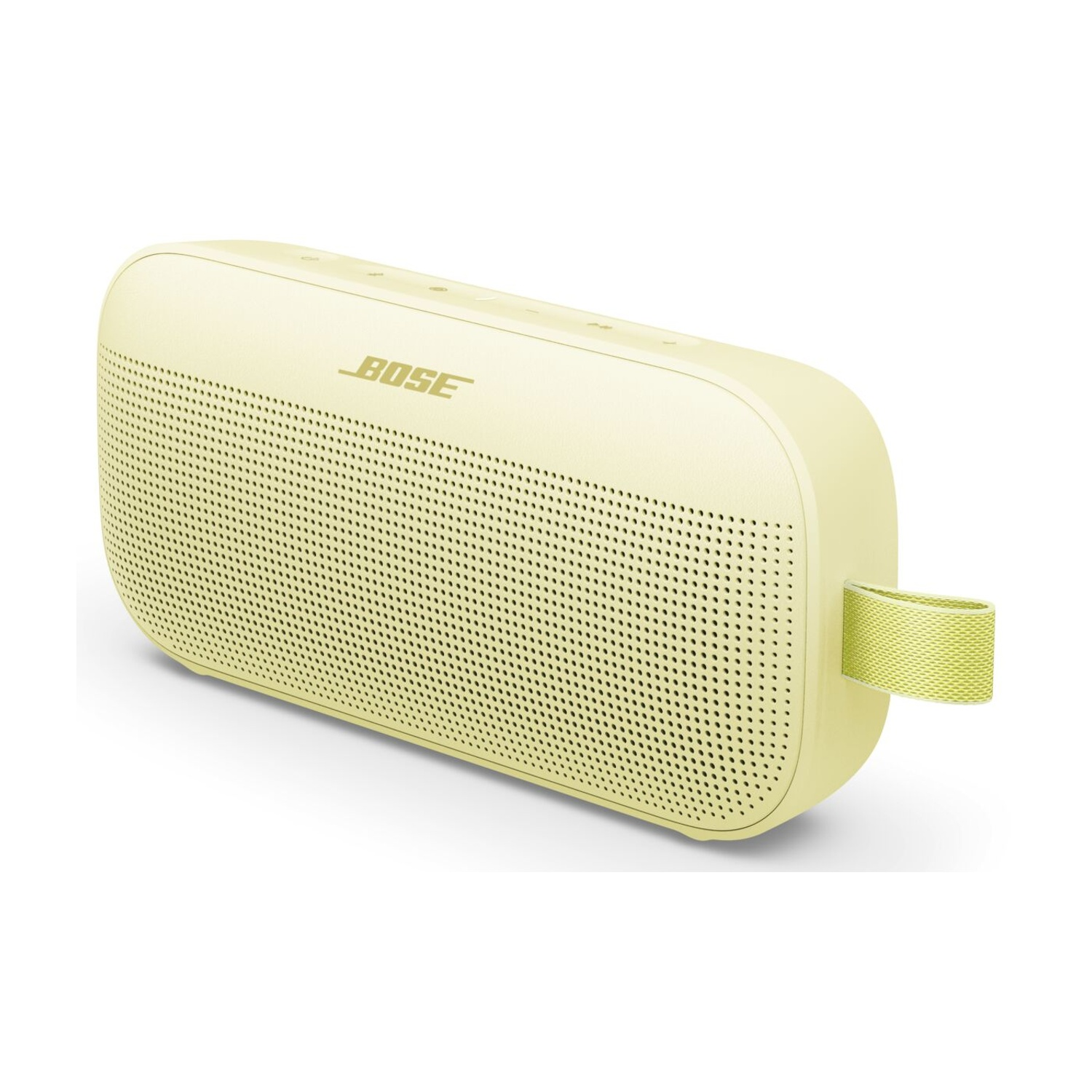 Un altoparlante portatile Bose giallo chiaro con frontale perforato e maniglia, su sfondo bianco.