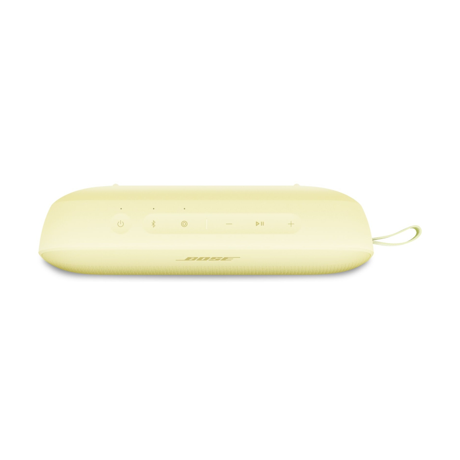 Un altoparlante portatile Bose giallo chiaro su sfondo bianco. Ha pulsanti di controllo e un anello laterale.