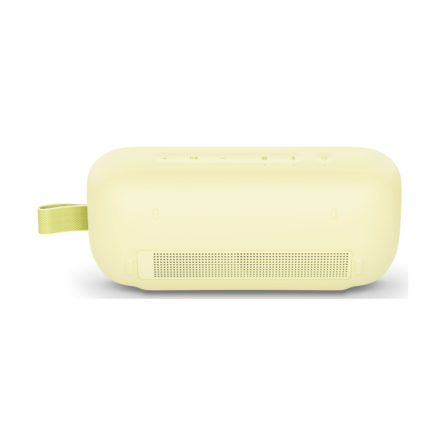 Un altoparlante portatile giallo chiaro con una cinghia verde. Ha pulsanti di controllo sulla parte superiore e un'area perforata per l'uscita del suono.