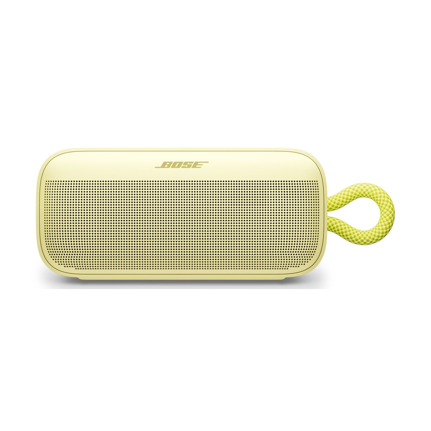 Un altoparlante Bose giallo con manico verde a fantasia. L'altoparlante ha la parte anteriore perforata e il logo Bose.