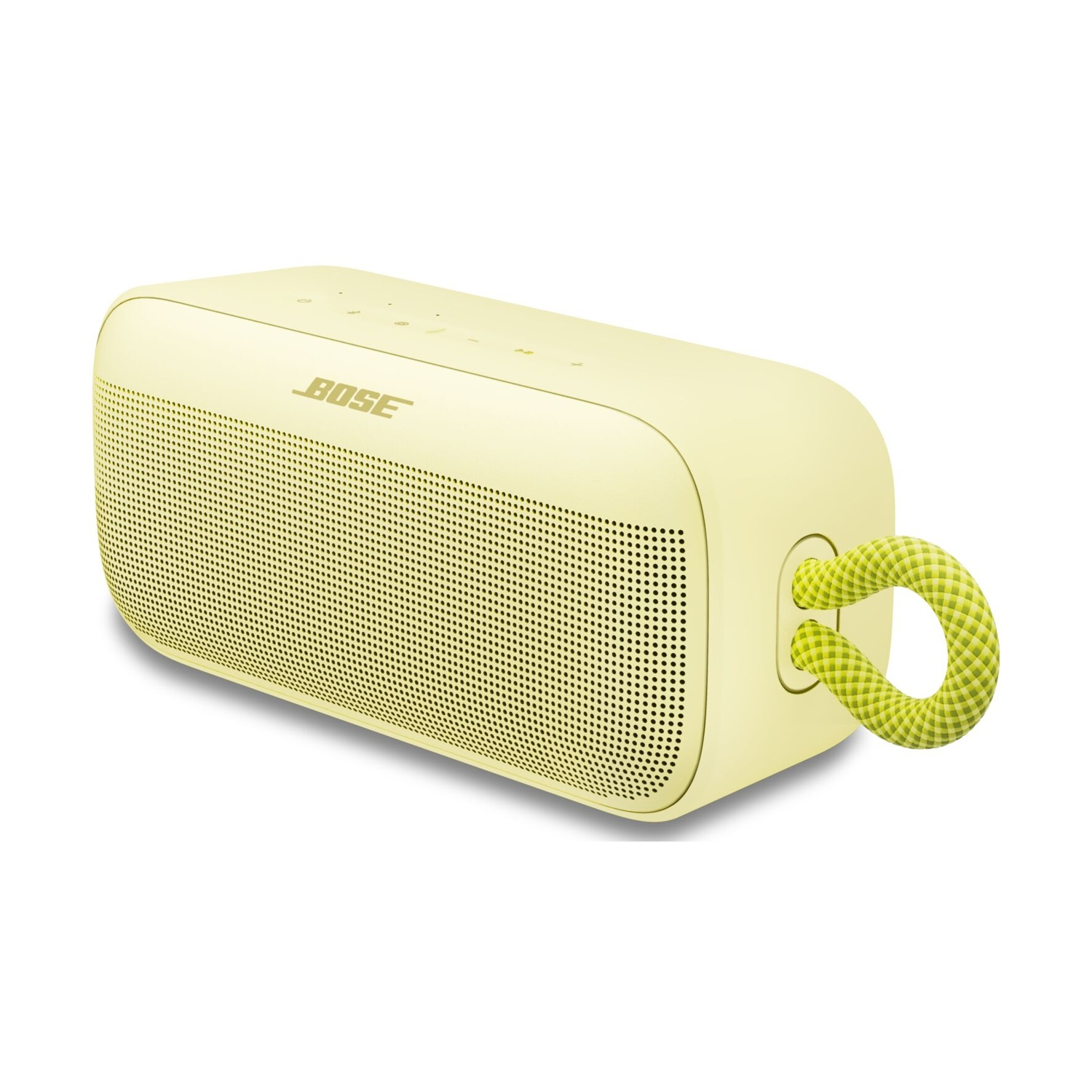 Un altoparlante Bose giallo con manico verde poggia su una superficie bianca. L'altoparlante ha il nome del marchio.