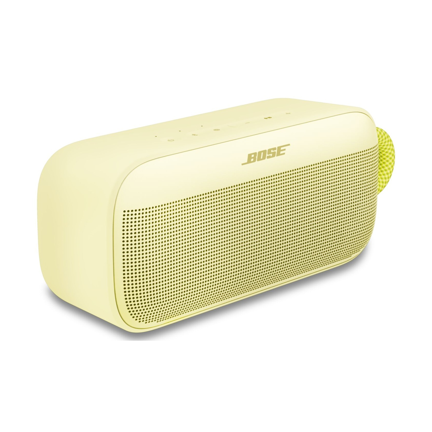 Un altoparlante portatile Bose giallo su sfondo bianco. Ha un frontale perforato, il logo Bose e un cinturino verde.