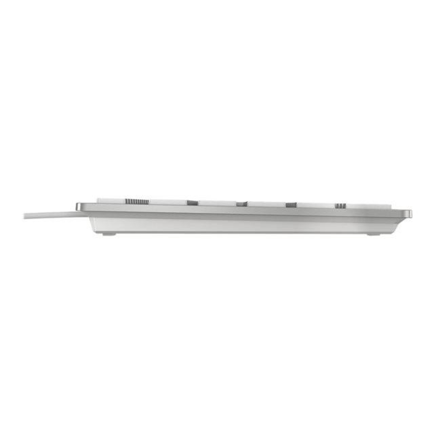 A silver and white keyboard is shown from the side. The keyboard is on a white surface with a white background.