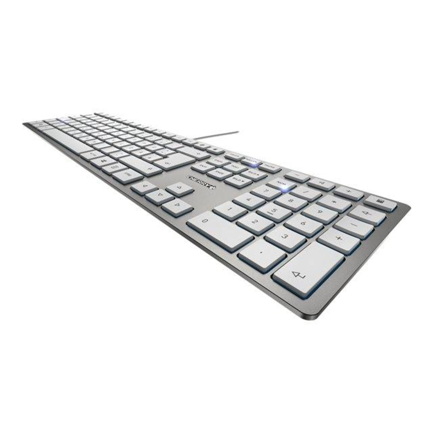 A silver computer keyboard with white keys and a wire. The keys have numbers and symbols.