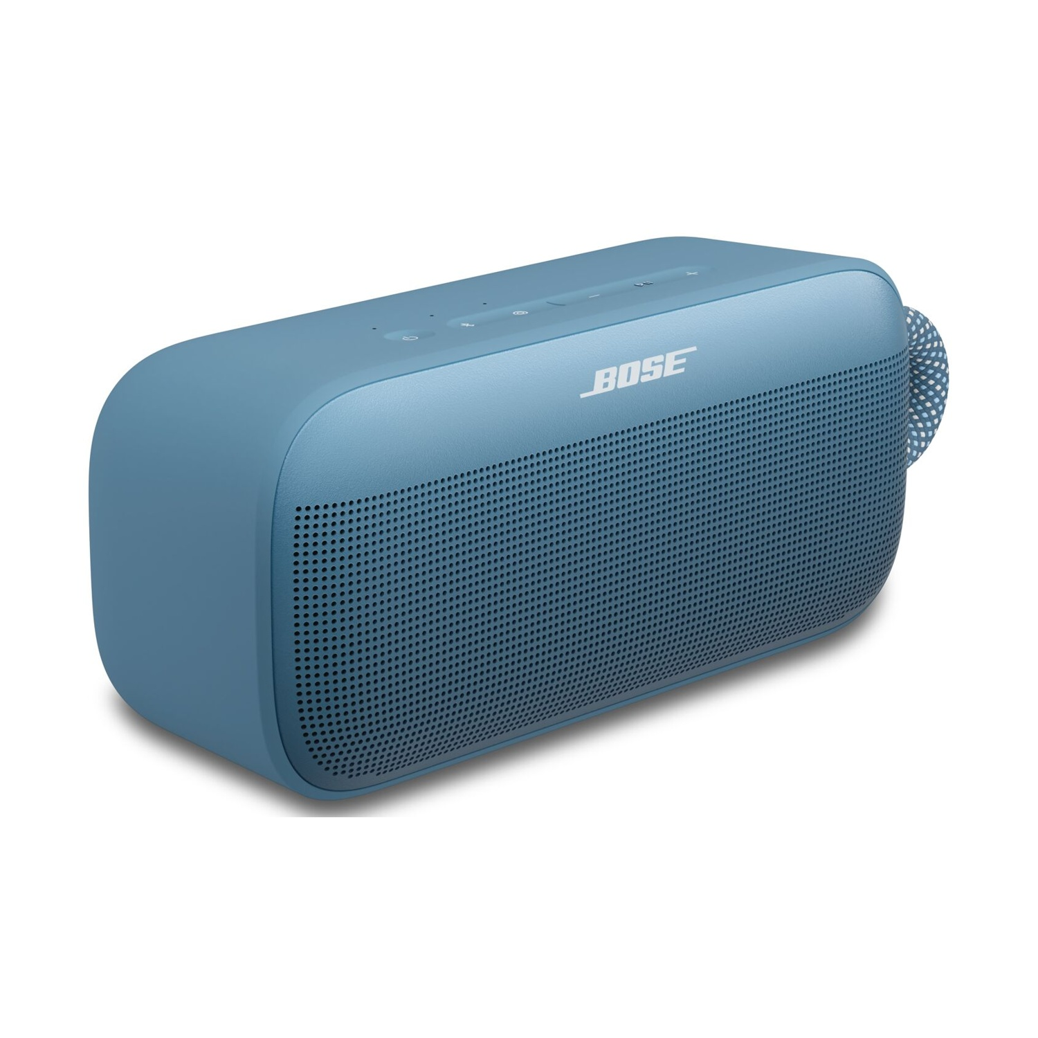 Un altoparlante portatile Bose blu su sfondo bianco. Ha una parte anteriore perforata, pulsanti sulla parte superiore e un anello di tessuto laterale.