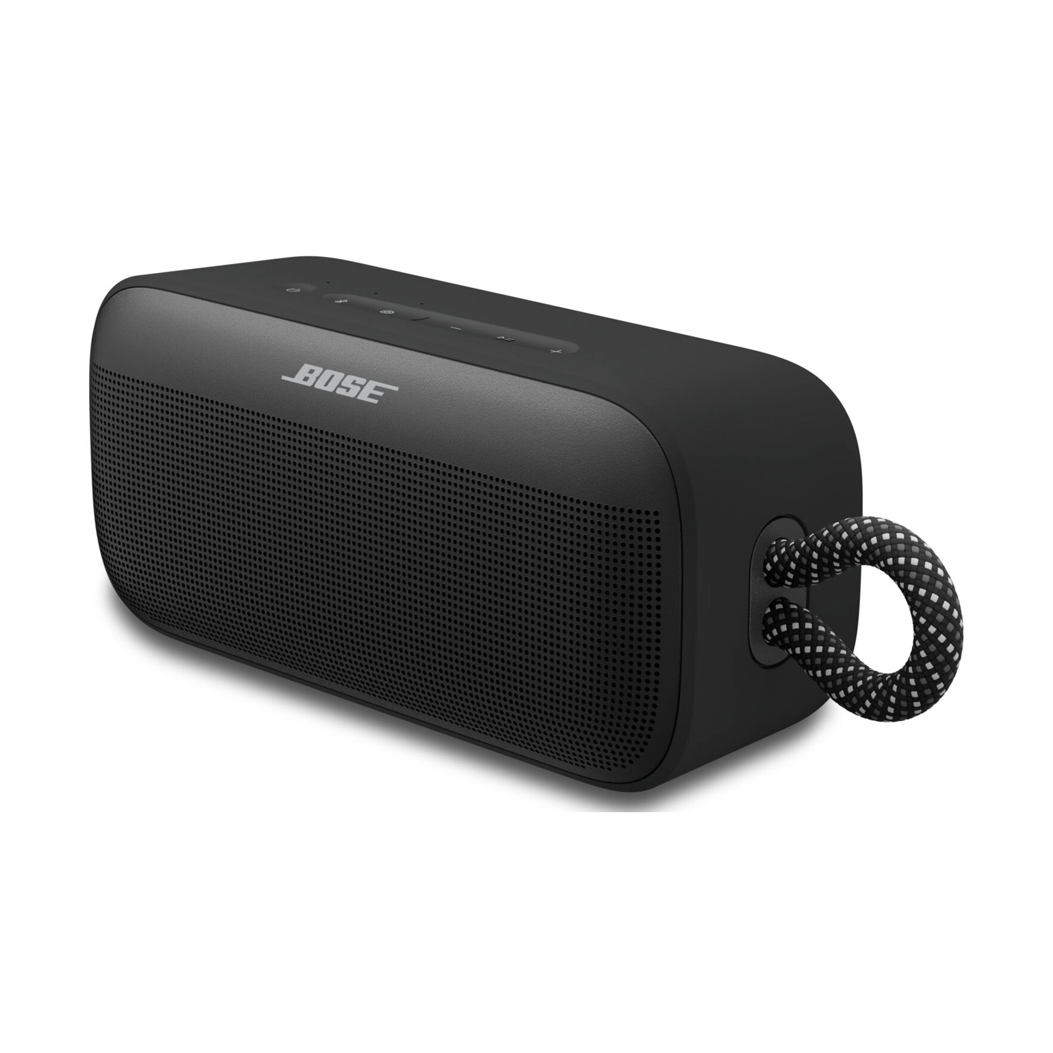 Un altoparlante portatile Bose nero con manico intrecciato, l'altoparlante è su sfondo bianco. Il logo è visibile.