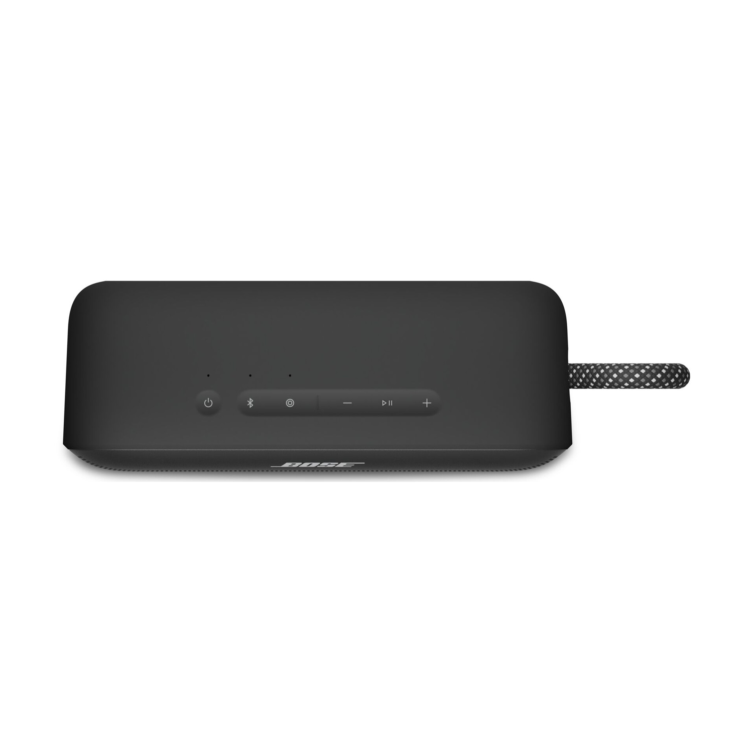 Un altoparlante Bose nero su sfondo bianco. Ha pulsanti e una maniglia. Il logo Bose è visibile.