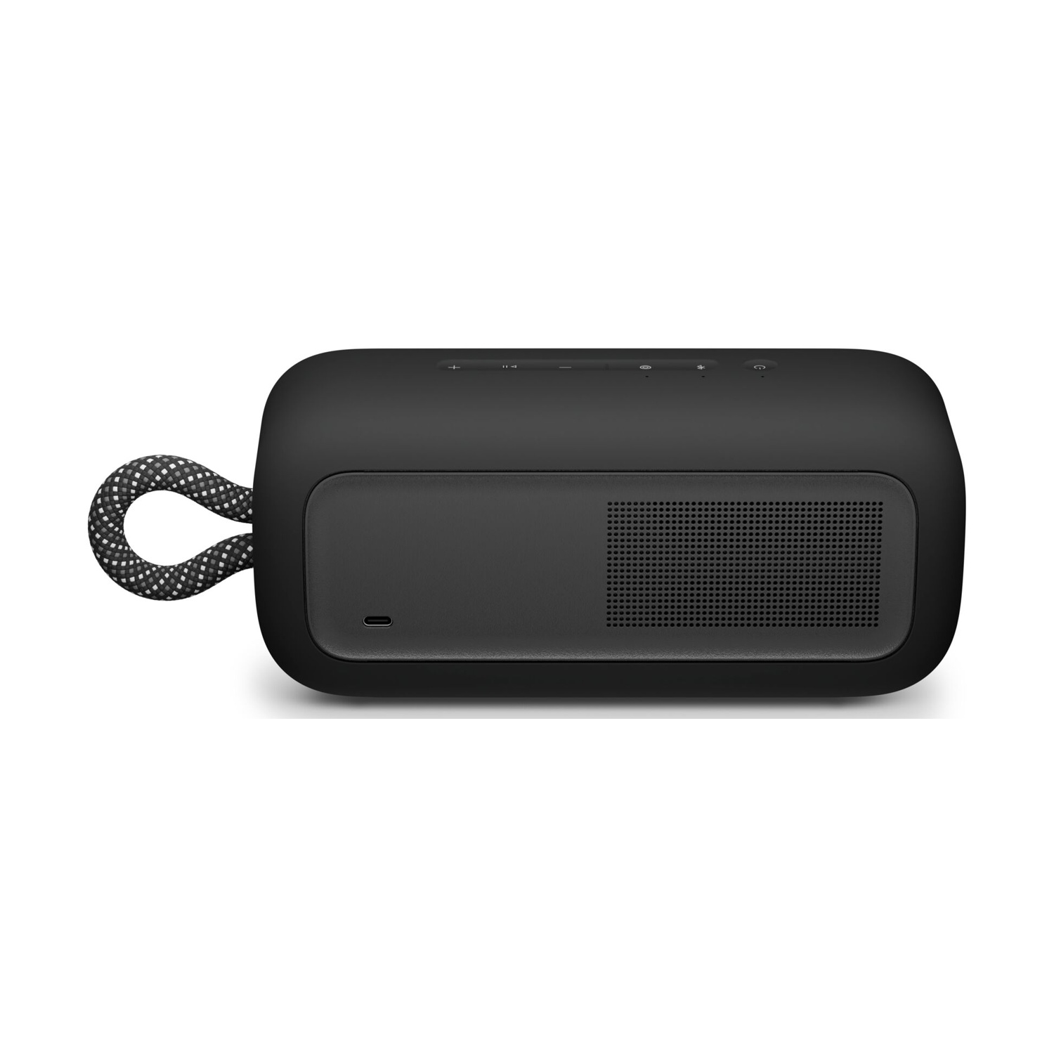 Un altoparlante nero con manico intrecciato. Ha una sezione a rete, pulsanti in alto e una porta USB-C. Lo sfondo è bianco.
