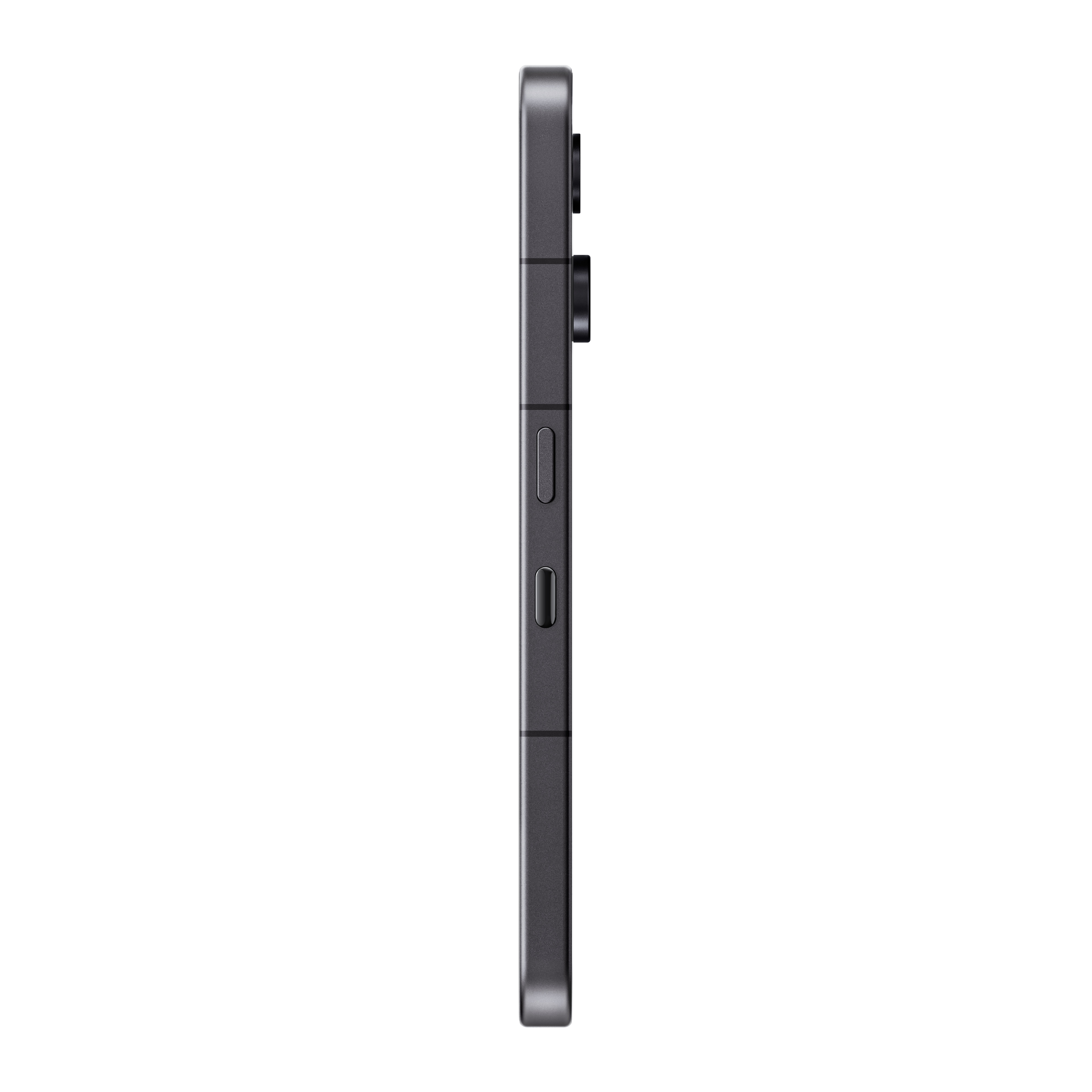 Vue latérale d'un smartphone gris foncé. Boutons, bosse de caméra et cadre métallique visibles. Fond noir.