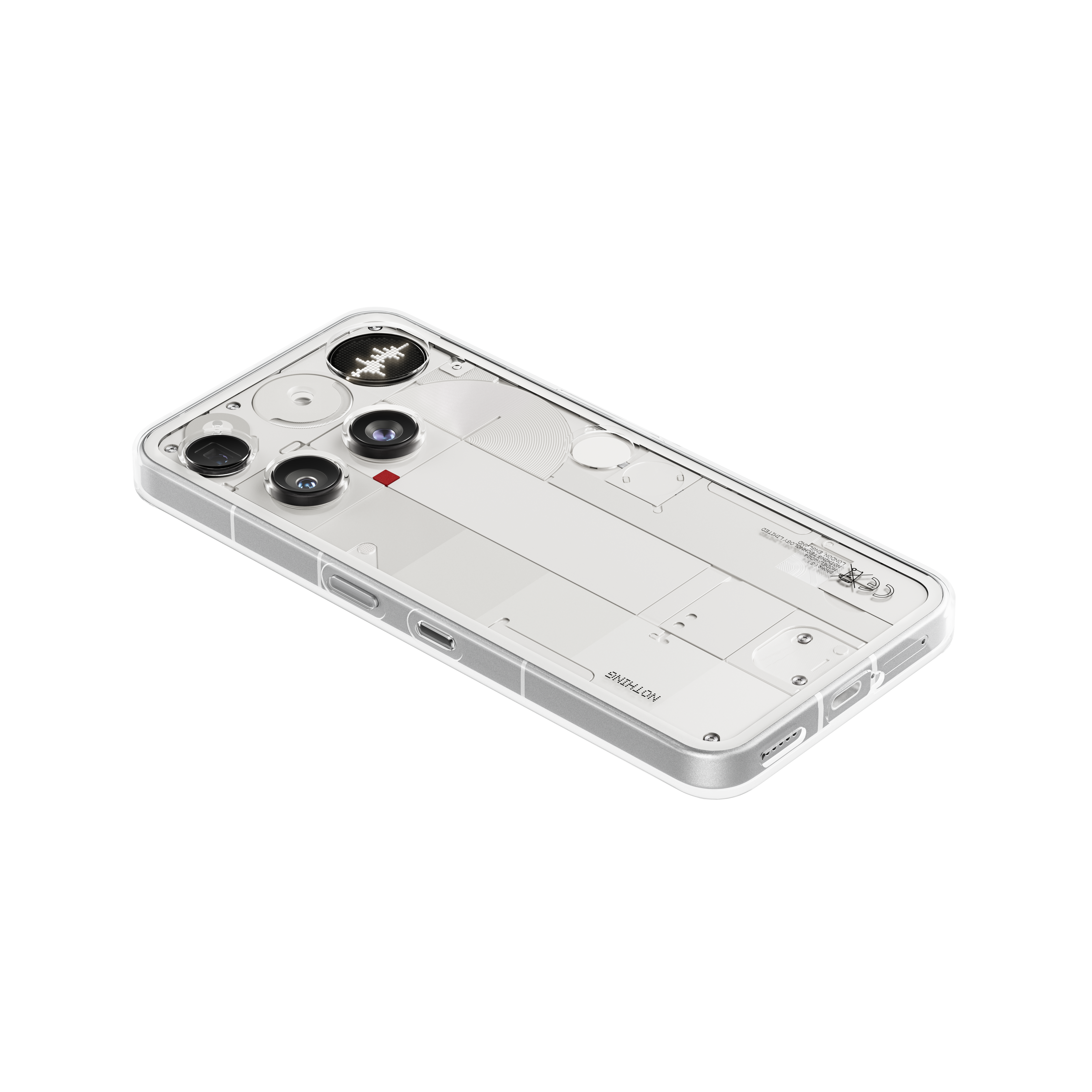 Un téléphone transparent avec un étui transparent. Les composants internes visibles comprennent des caméras et un port de charge.