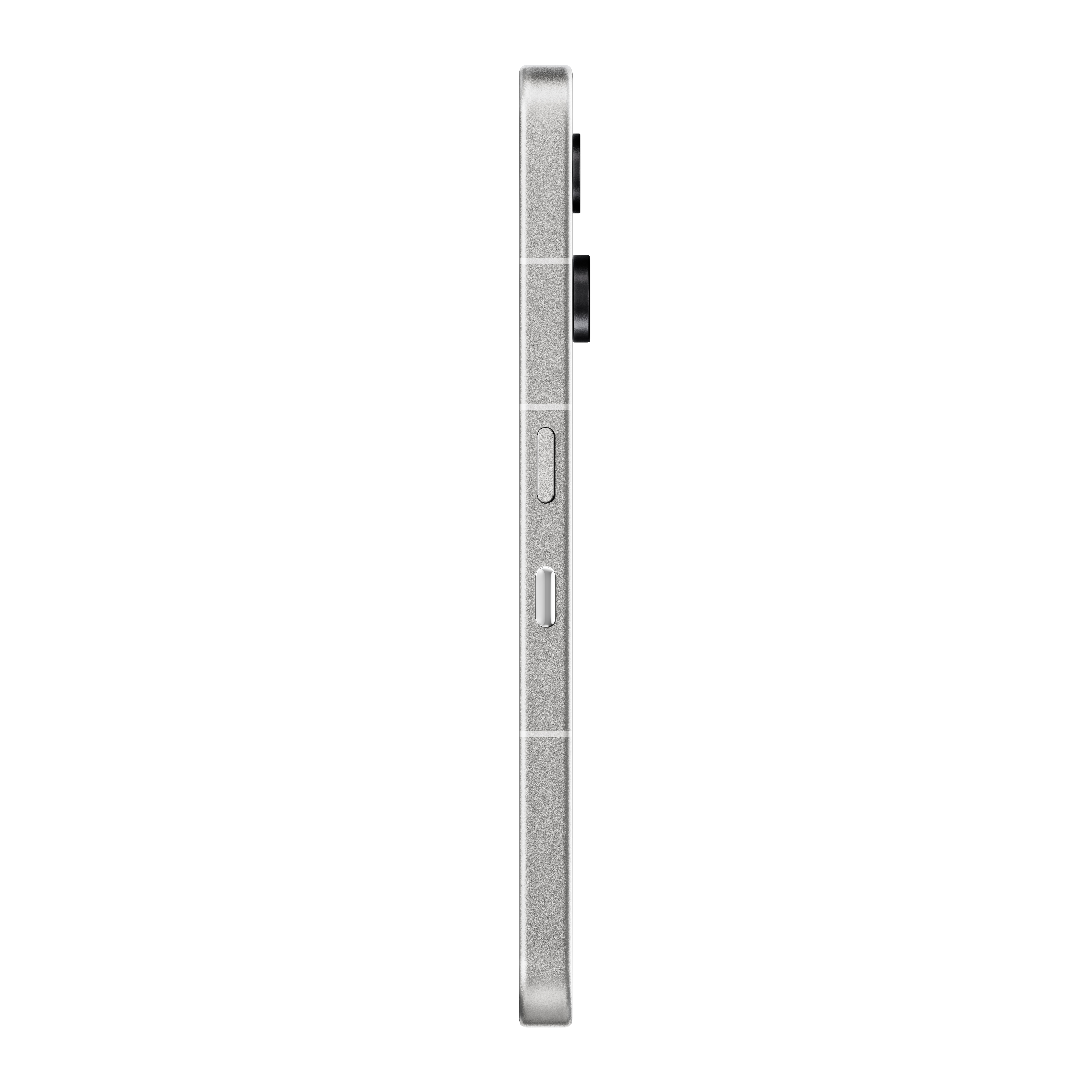Vue latérale d'un smartphone argenté sur fond noir. Le téléphone a des boutons et une protubérance de caméra.