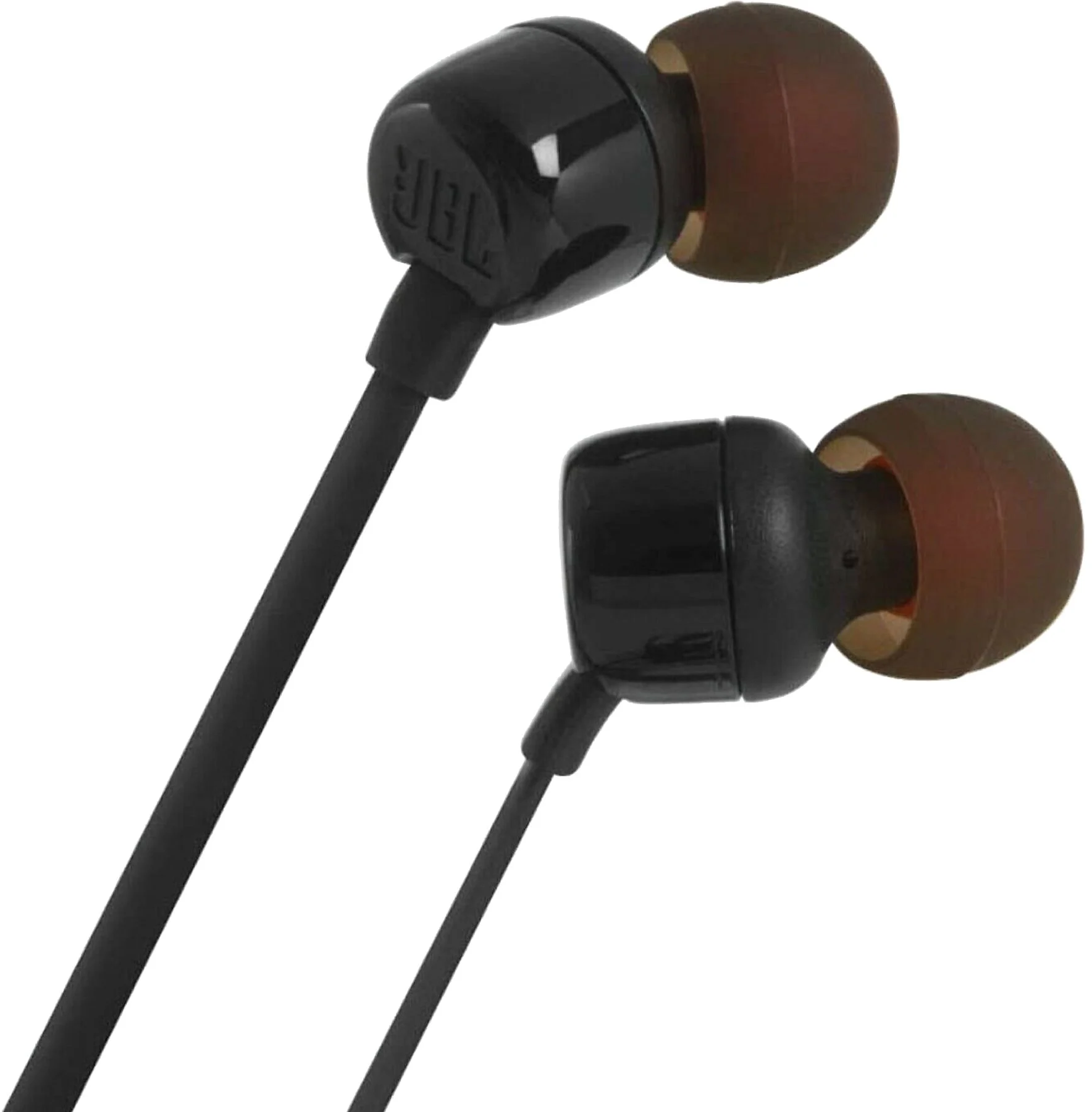Két fekete JBL fülhallgató barna fülbetétekkel. A fülhallgatókat fekete vezetékek kötik össze fehér háttér előtt.