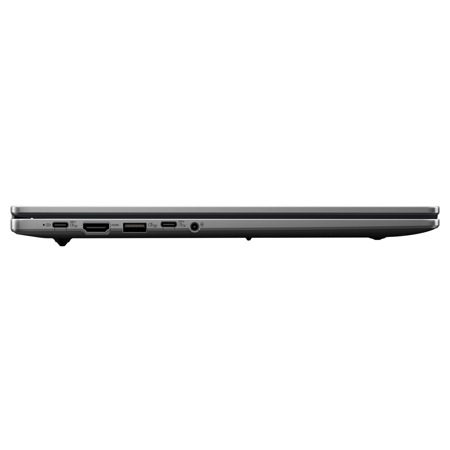 Side view of a silver laptop with ports labeled: SD, USB, HDMI, USB, DP, DP, and power. The laptop is on a white background.