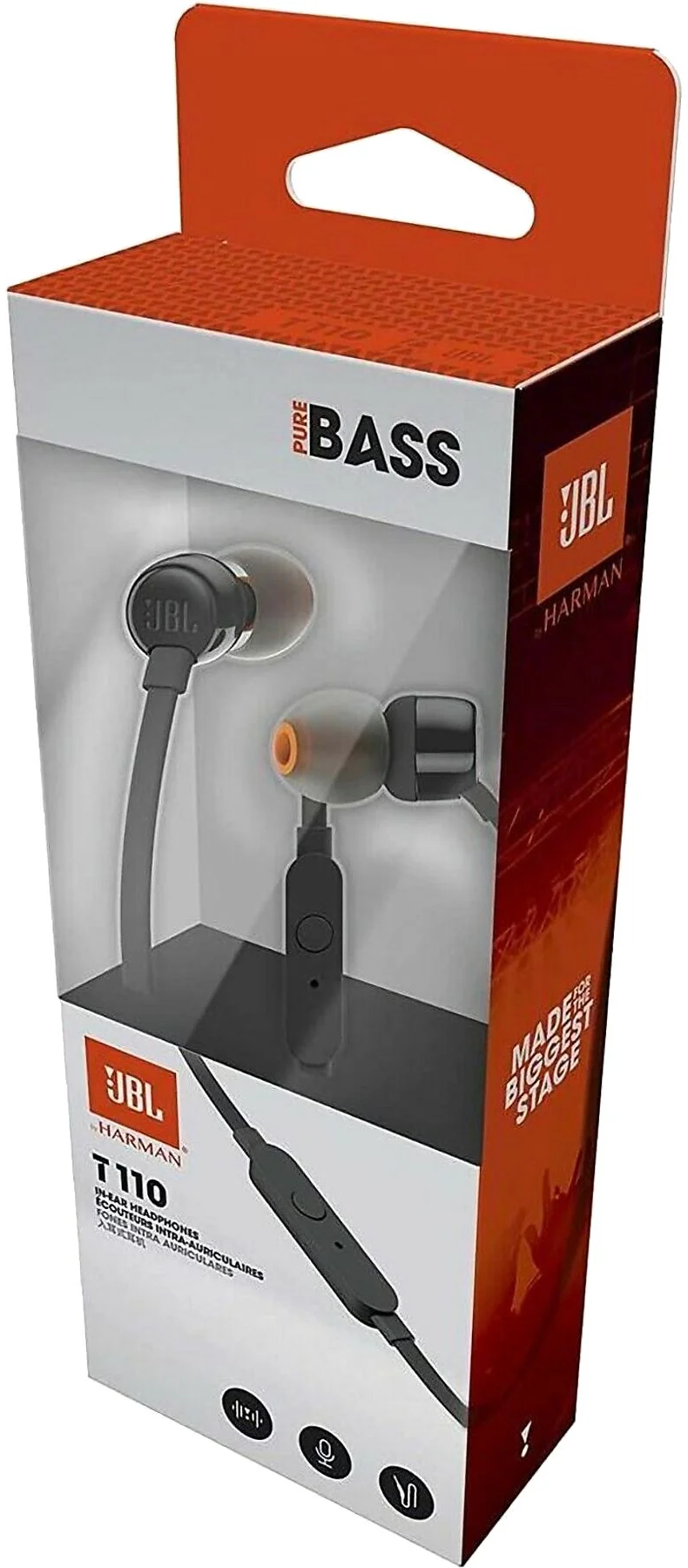 JBL T110 fülhallgató egy dobozban. A doboz fehér és narancssárga. A fülhallgató fekete és szürke.