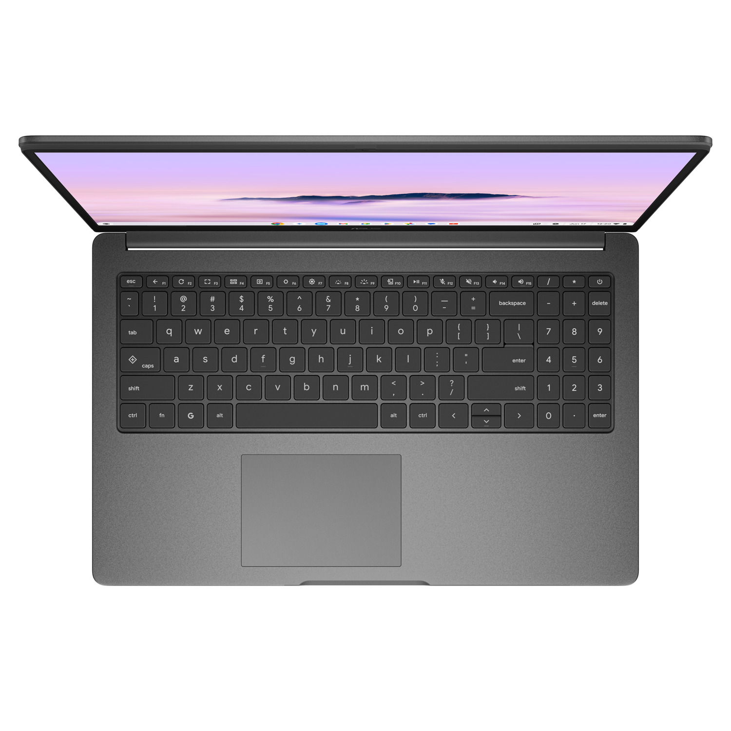 Top-down view of a gray laptop with a black keyboard. The screen displays a purple and blue image.