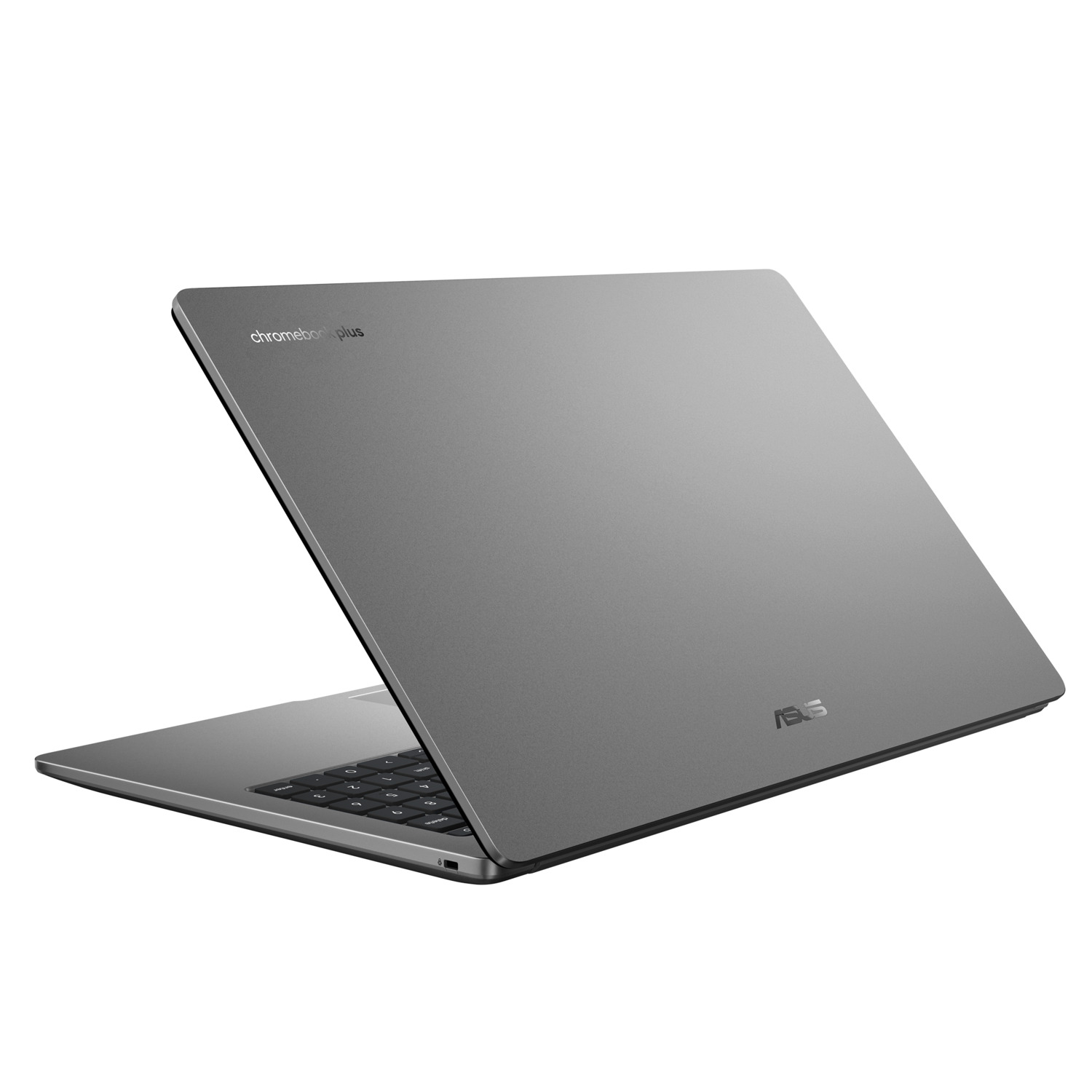 A gray laptop is open, displaying the keyboard. The laptop's lid is slightly raised, revealing the ASUS logo. The background is white.