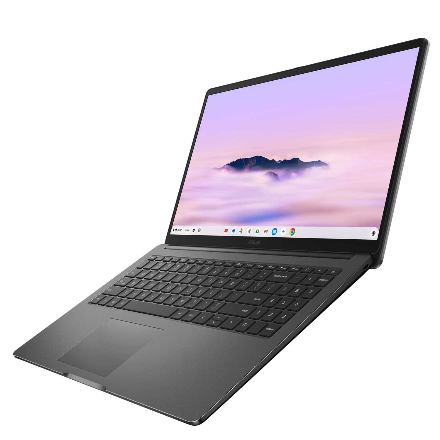 A gray ASUS laptop is open, showing a screen with mountains above clouds. The keyboard and touchpad are visible. The background is black.