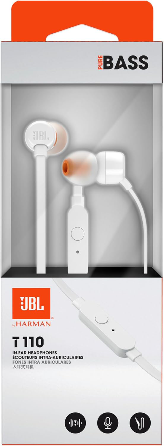 Fehér JBL T110 fülbe helyezhető fejhallgató narancssárga díszítéssel ellátott dobozban. JBL és Harman logók.
