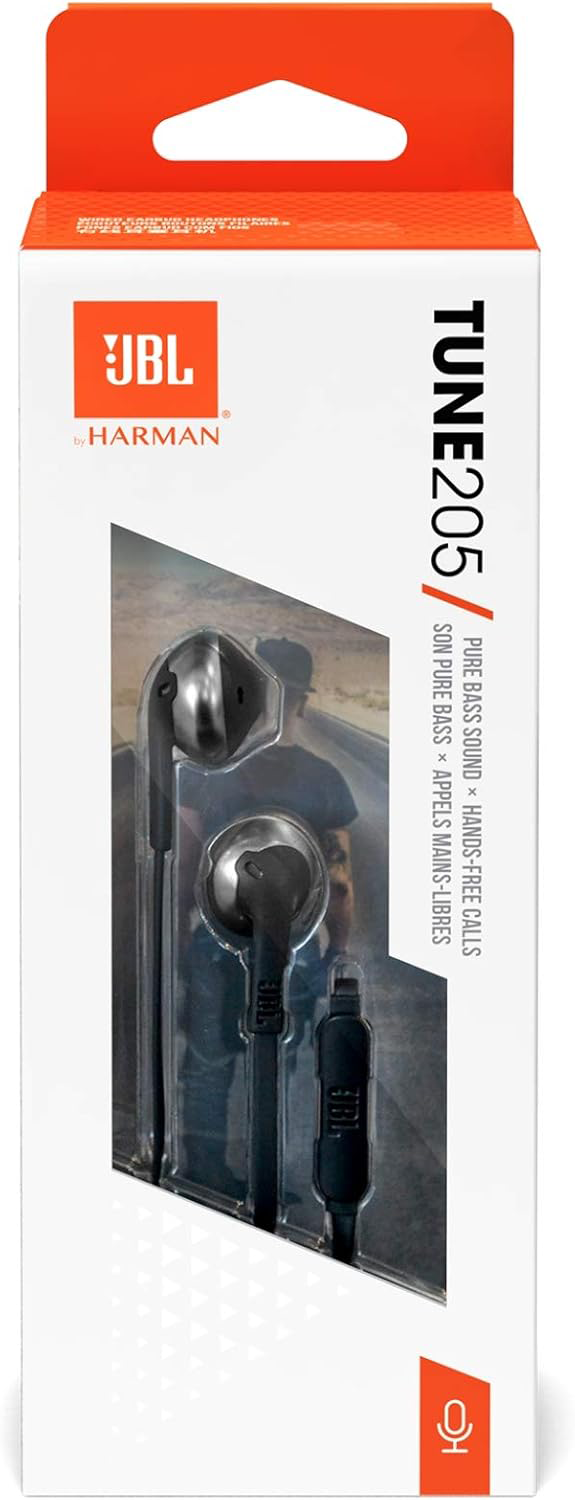 JBL Tune 205 fülhallgató egy dobozban. A doboz fehér és narancssárga, JBL logóval, a fülhallgató fekete.