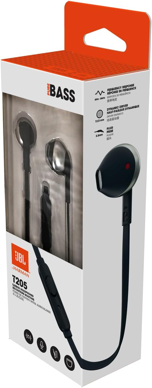 Egy JBL T205 fülhallgató doboza látható. A doboz fehér, narancssárga és fekete, átlátszó ablakkal.