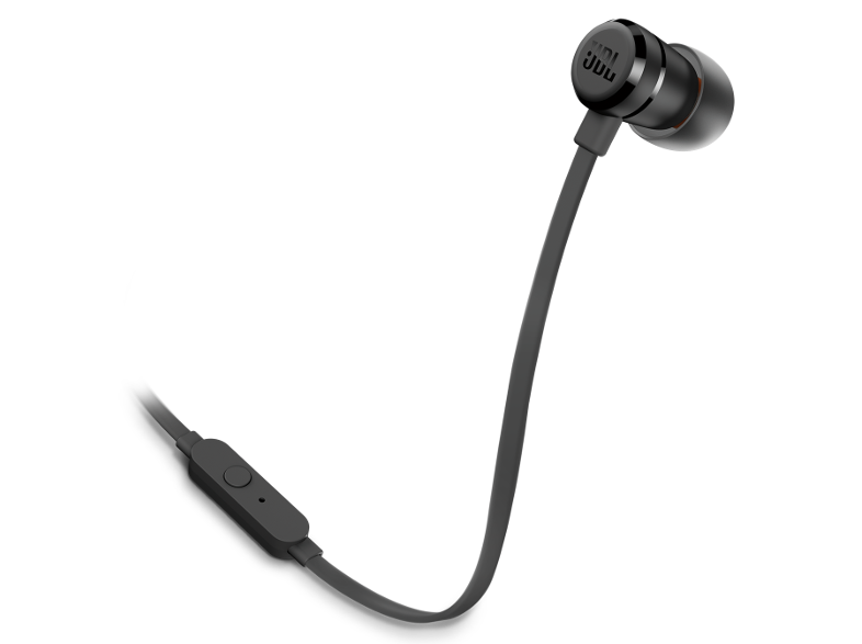Fekete JBL fülhallgató fekete háttéren. A fülhallgatón vezérlőpanel található. A JBL logója látható.