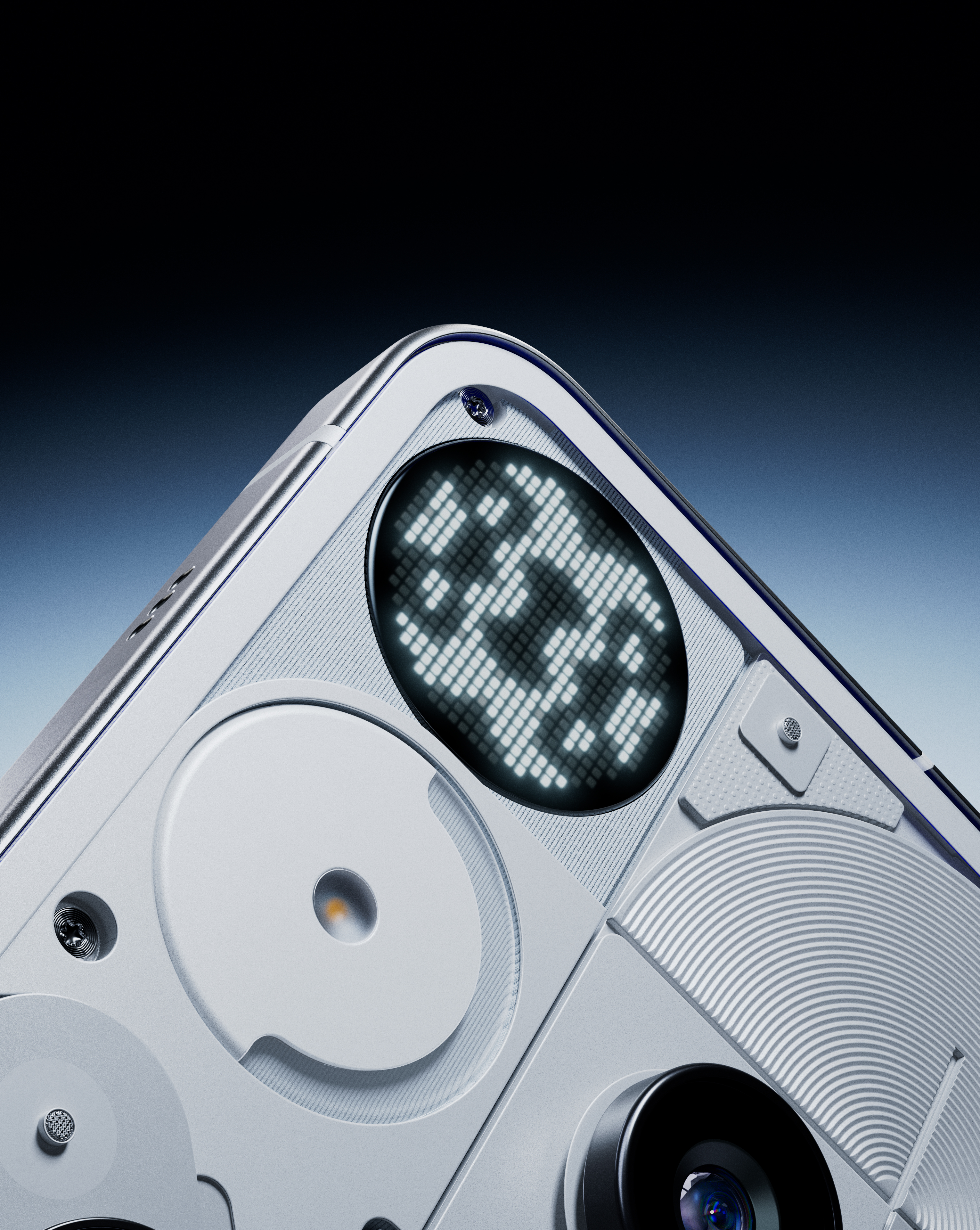 Gros plan d'un smartphone blanc avec éléments transparents. Affichage LED avec motif. Objectif de caméra noir visible.