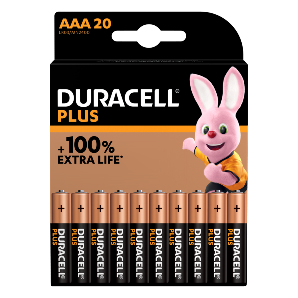 Eine Packung Duracell Plus AAA Batterien. Es zeigt ein rosa Hasenmaskottchen und die Batterien sind in einer ordentlichen Reihe angeordnet.