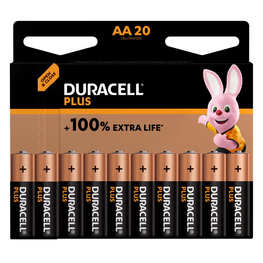 Eine Packung Duracell AA-Batterien mit einem rosa Hasen-Maskottchen. Die Packung ist schwarz und goldfarben.
