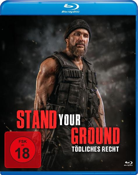 Blu-ray Cover. Ein Mann mit Weste und Waffe. Titel: Stand Your Ground, Tödliches Recht. Bewertung: FSK 18.