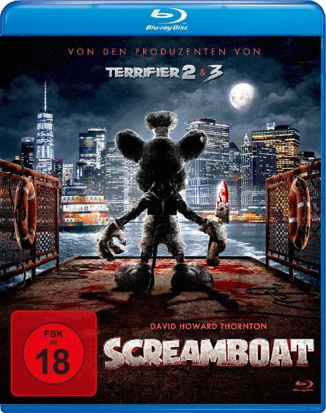 Eine gruselige Cartoon-Figur mit blutigem Messer steht auf einem Pier. Skyline und Mond im Hintergrund. Horrorfilm-Cover.