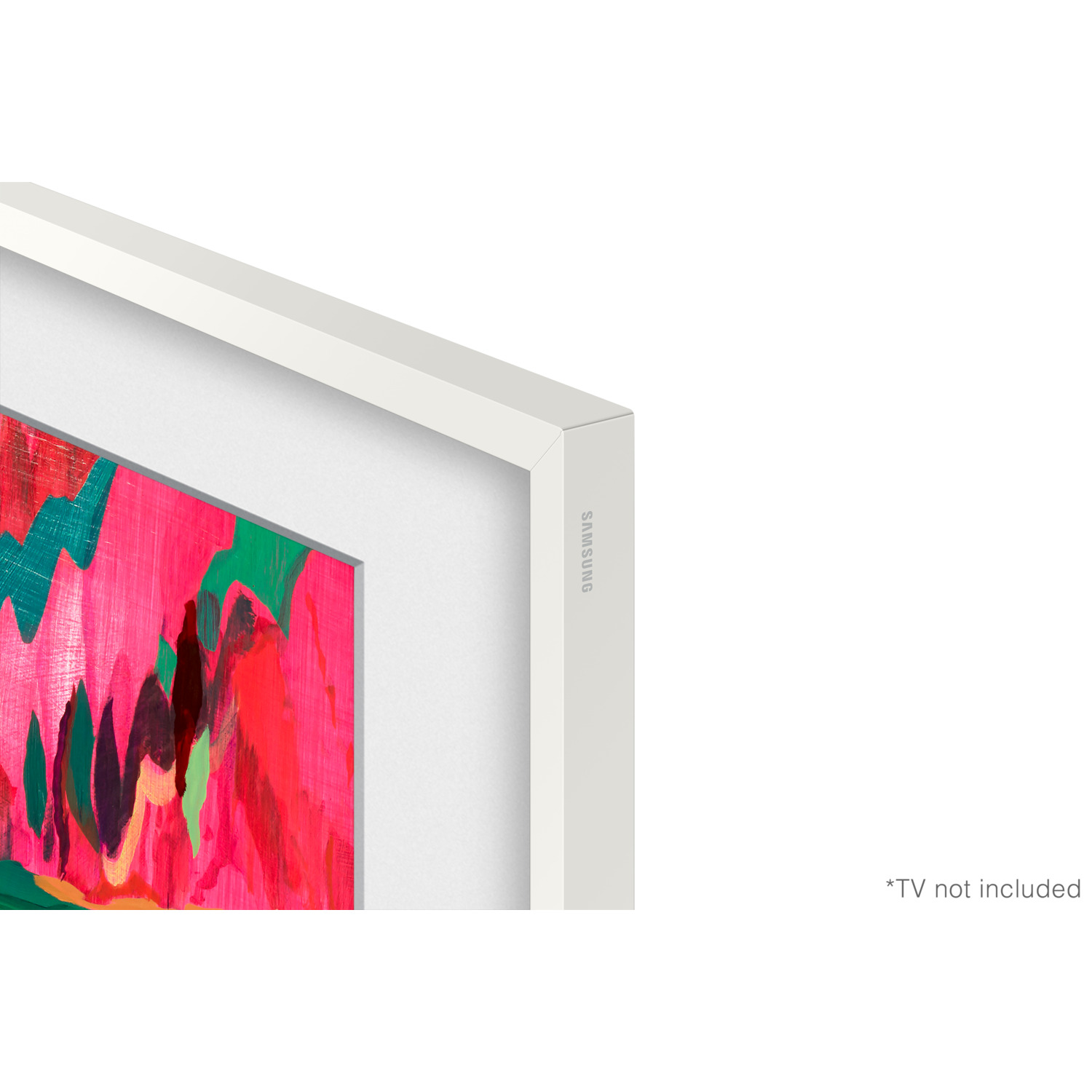 Een wit omkaderd kunstwerk met een levendig abstract schilderij met roze en groene penseelstreken. Het Samsung-logo is zichtbaar op het frame.