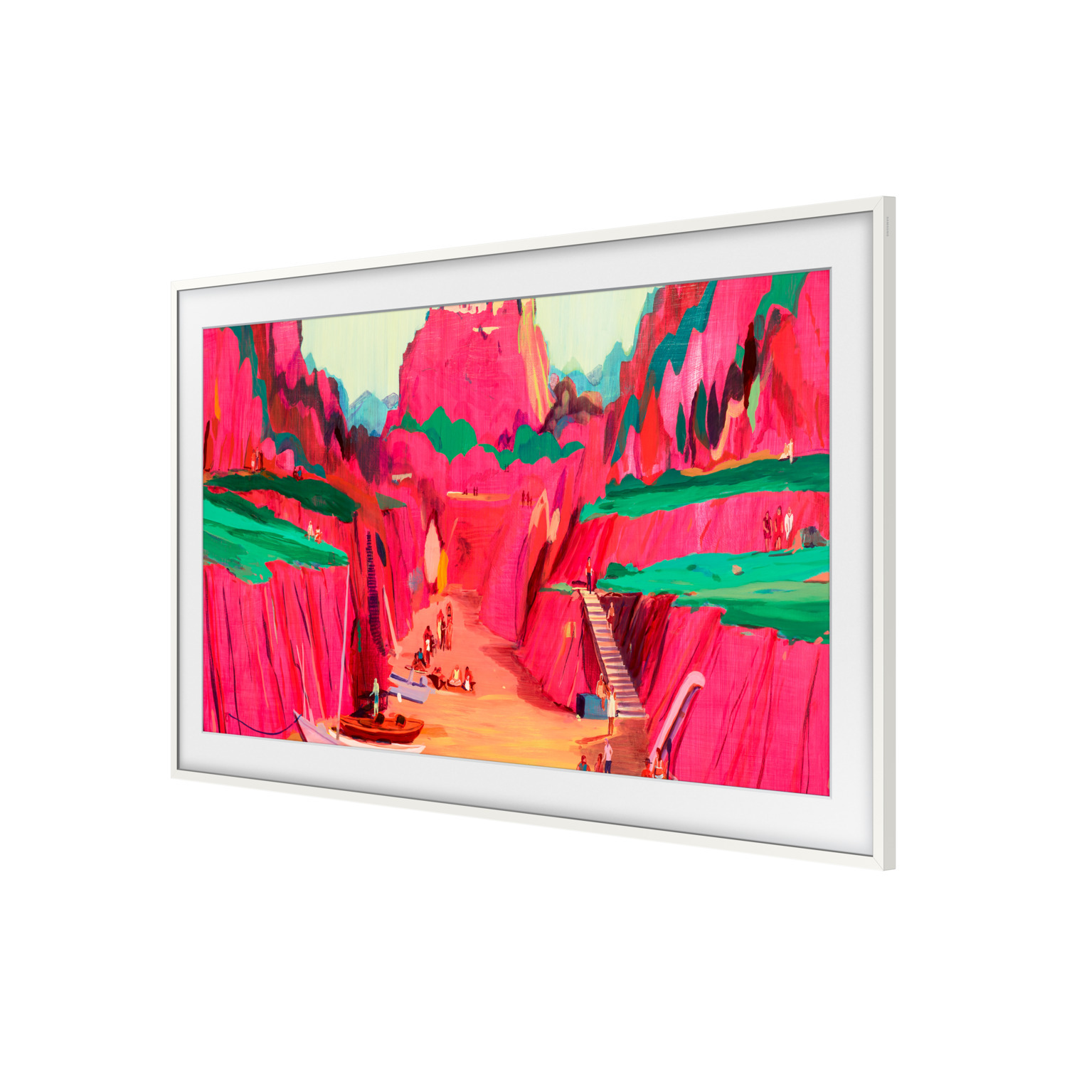 Peinture dans un cadre blanc montrant un canyon avec des falaises rouges, de la végétation verte et des personnes. Bateaux et pont visibles.