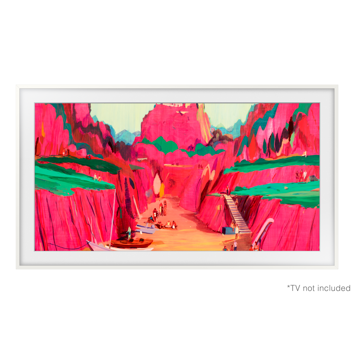 Une peinture vibrante d'un canyon avec des falaises rouges, des taches vertes et des personnes. Des bateaux et des escaliers sont visibles. Le ciel est clair.