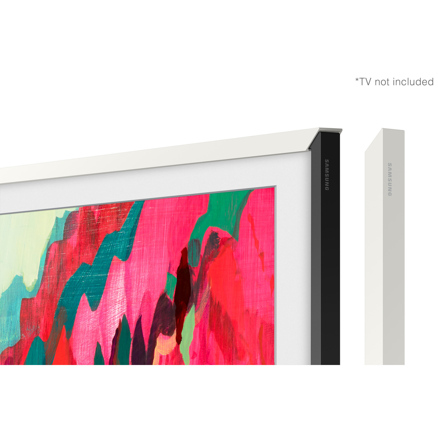 Une télévision encadrée de blanc affichant de l'art abstrait avec des couleurs rouge, verte et jaune. Une lunette de TV noire et blanche à droite.