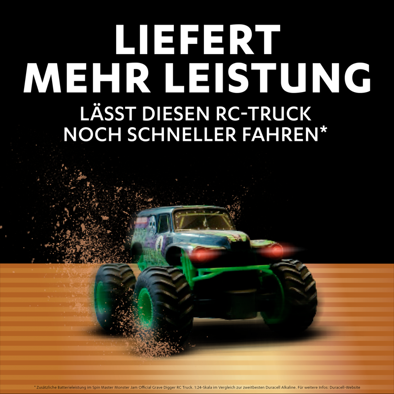 Ein grüner Monstertruck fährt vorwärts und wirbelt Schmutz auf. Der Text oben lautet: 'Liefert mehr Leistung'.