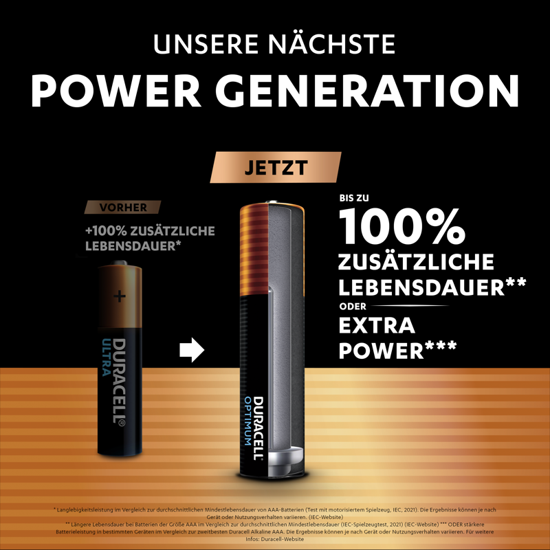 Duracell-Batteriewerbung zeigt eine Batterie links und einen Querschnitt rechts, mit Text über die Stromerzeugung.