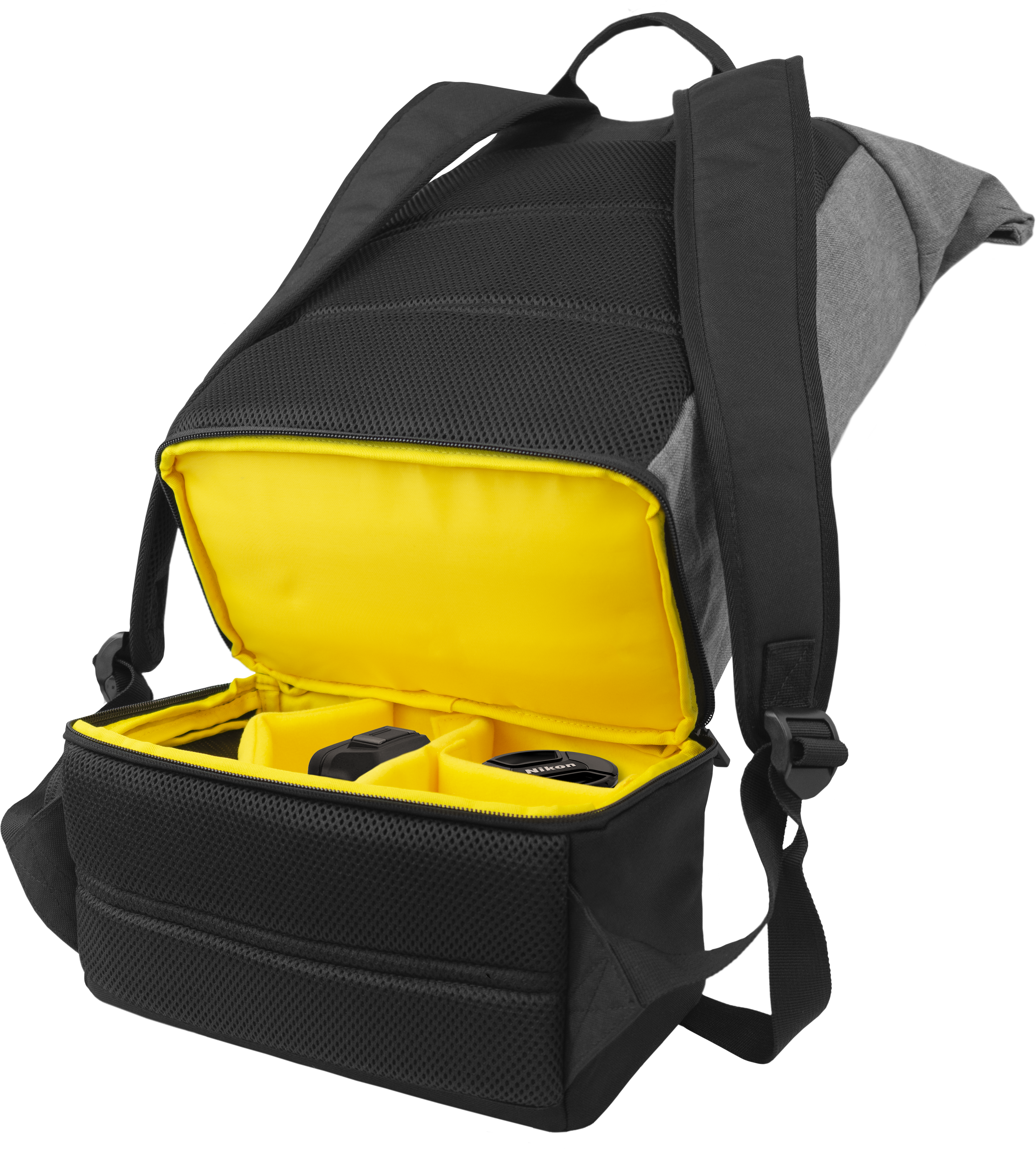 Sac à dos pour appareil photo noir et gris avec intérieur jaune. Compartiment ouvert révèle des objectifs. Sangles et poignée visibles. Fond blanc.