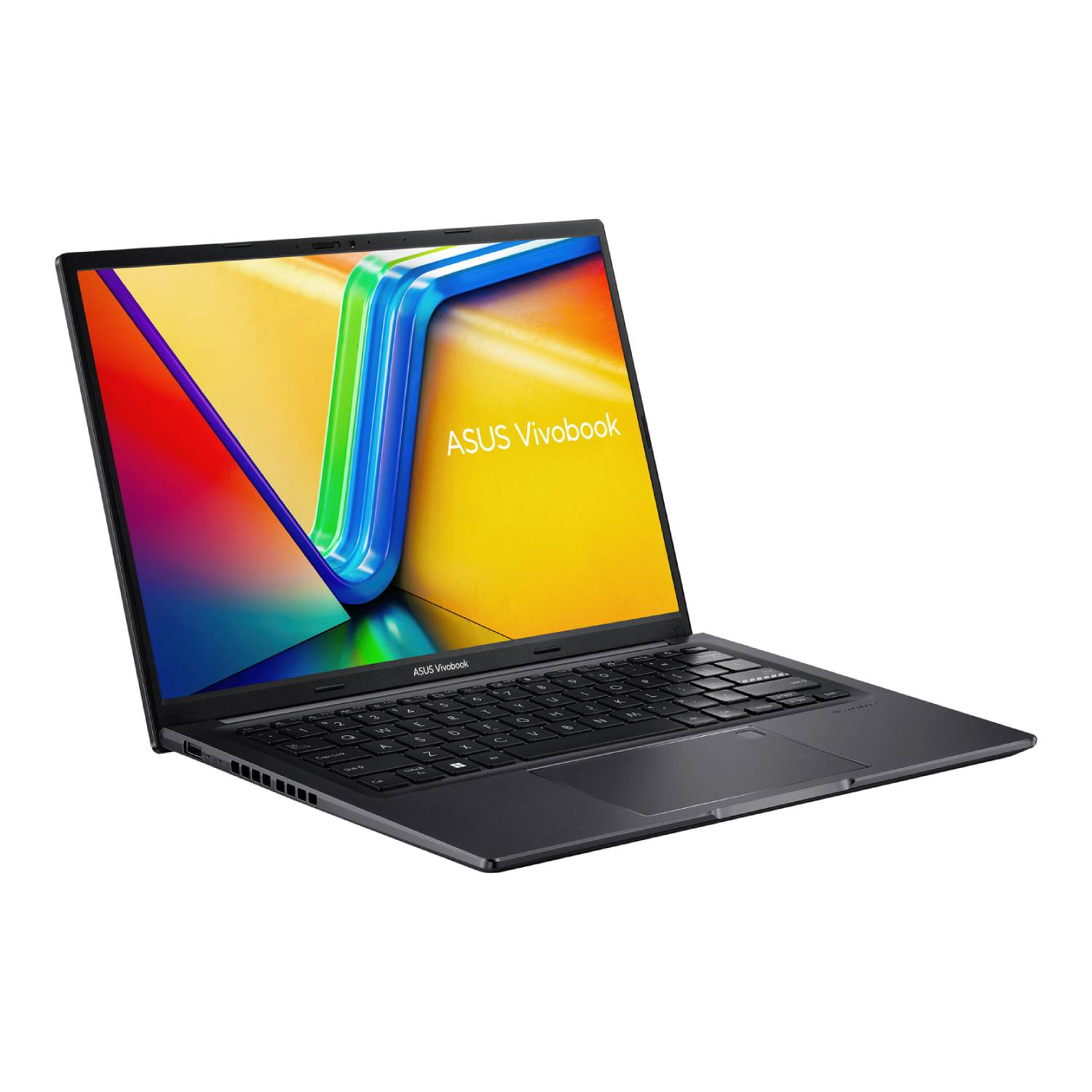 A silver ASUS Vivobook laptop is open on a white surface. The screen displays colorful curved lines. Keyboard is visible.