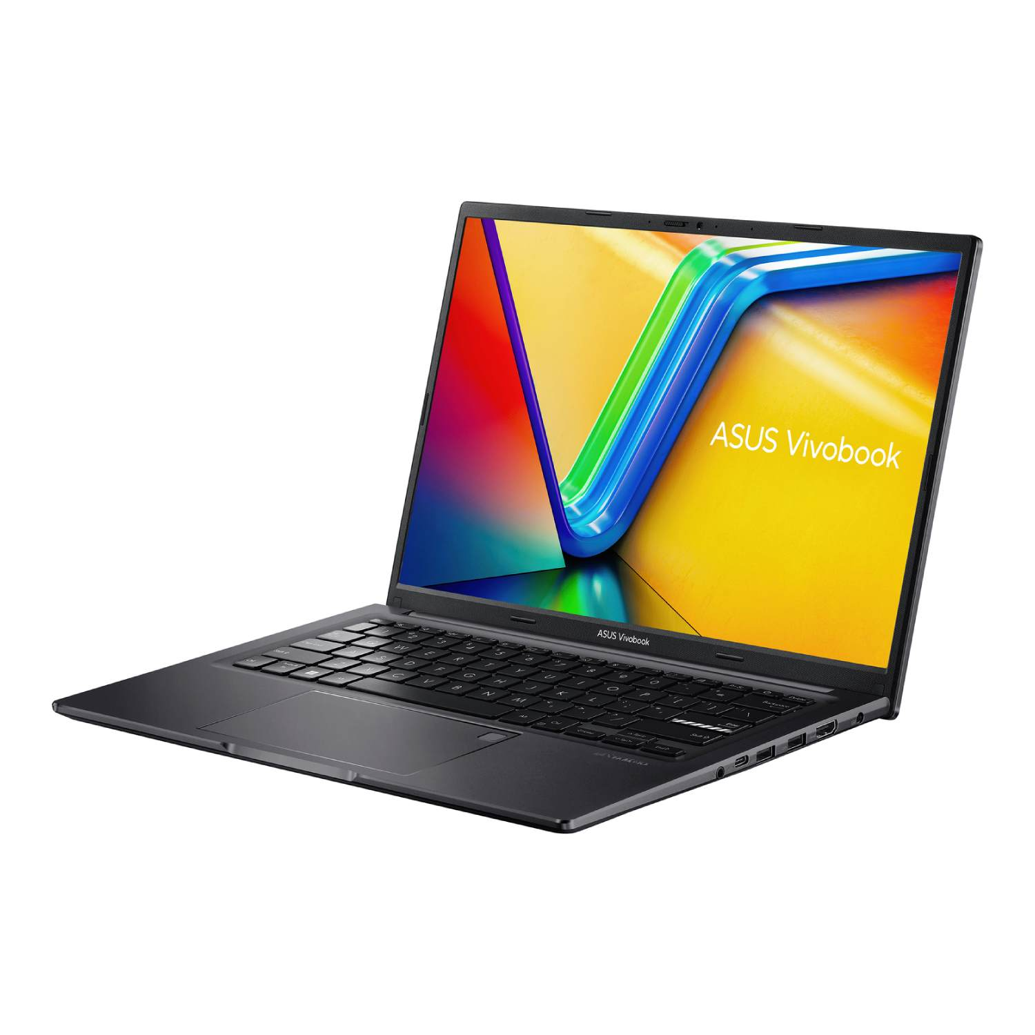 An ASUS Vivobook laptop. The screen displays a colorful graphic. It is on a white background. The laptop is open.