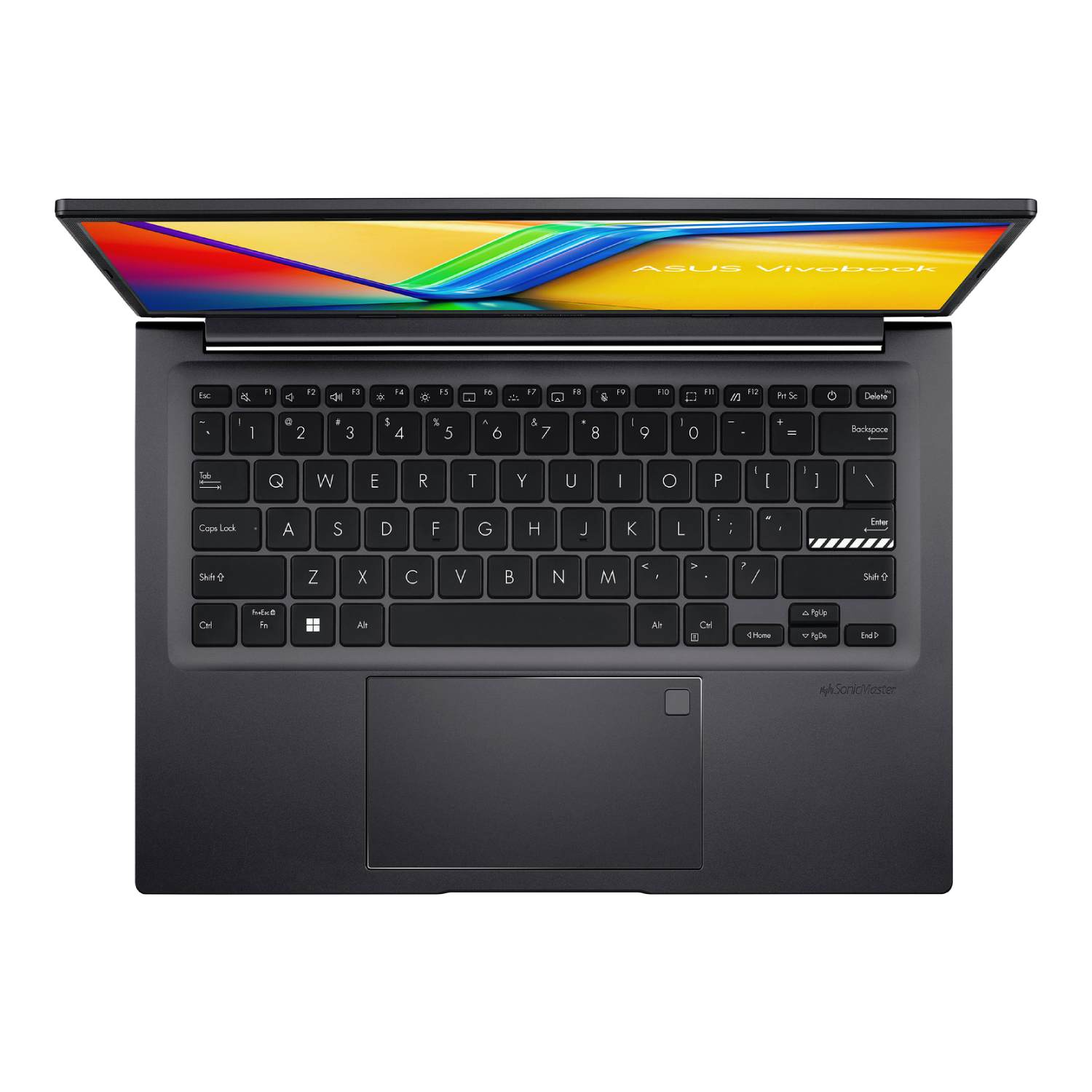 An open ASUS Vivobook laptop. Keyboard is visible, with a touchpad below. Screen displays colorful graphics. Dark gray color.