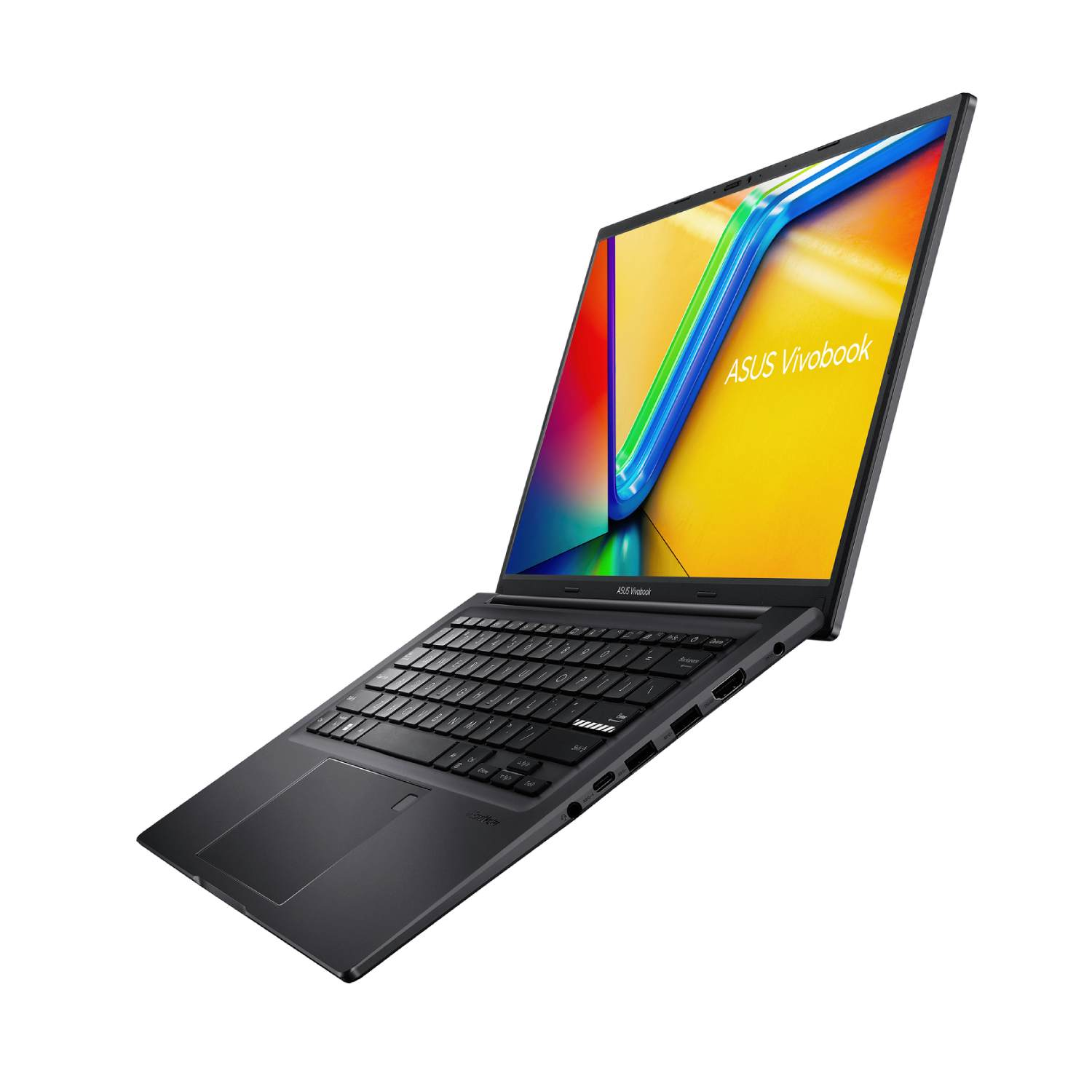 An ASUS Vivobook laptop, open, angled view. The screen displays a colorful graphic. Black keyboard and body. White background.