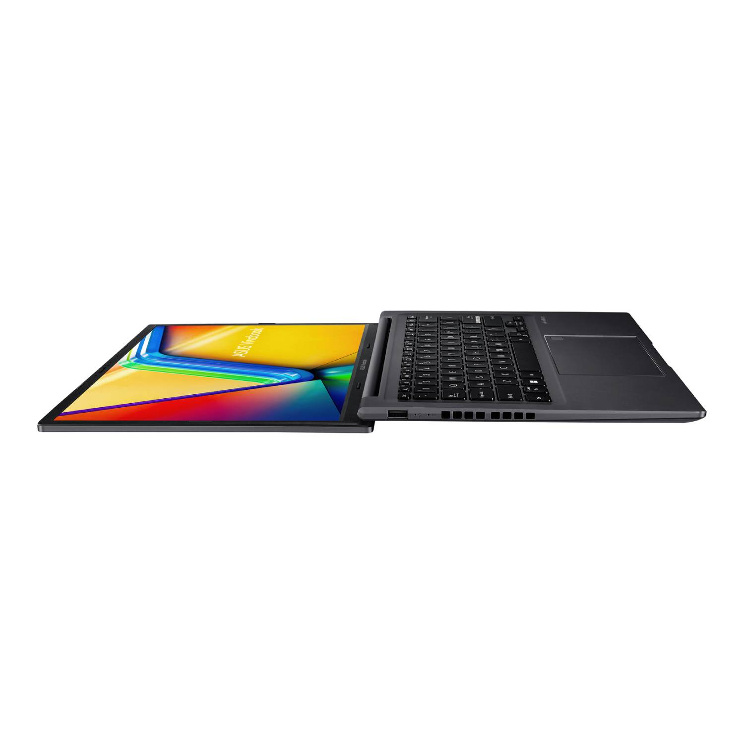An open, dark gray laptop on a white background. The screen displays colorful graphics. Keyboard is visible with a touchpad.