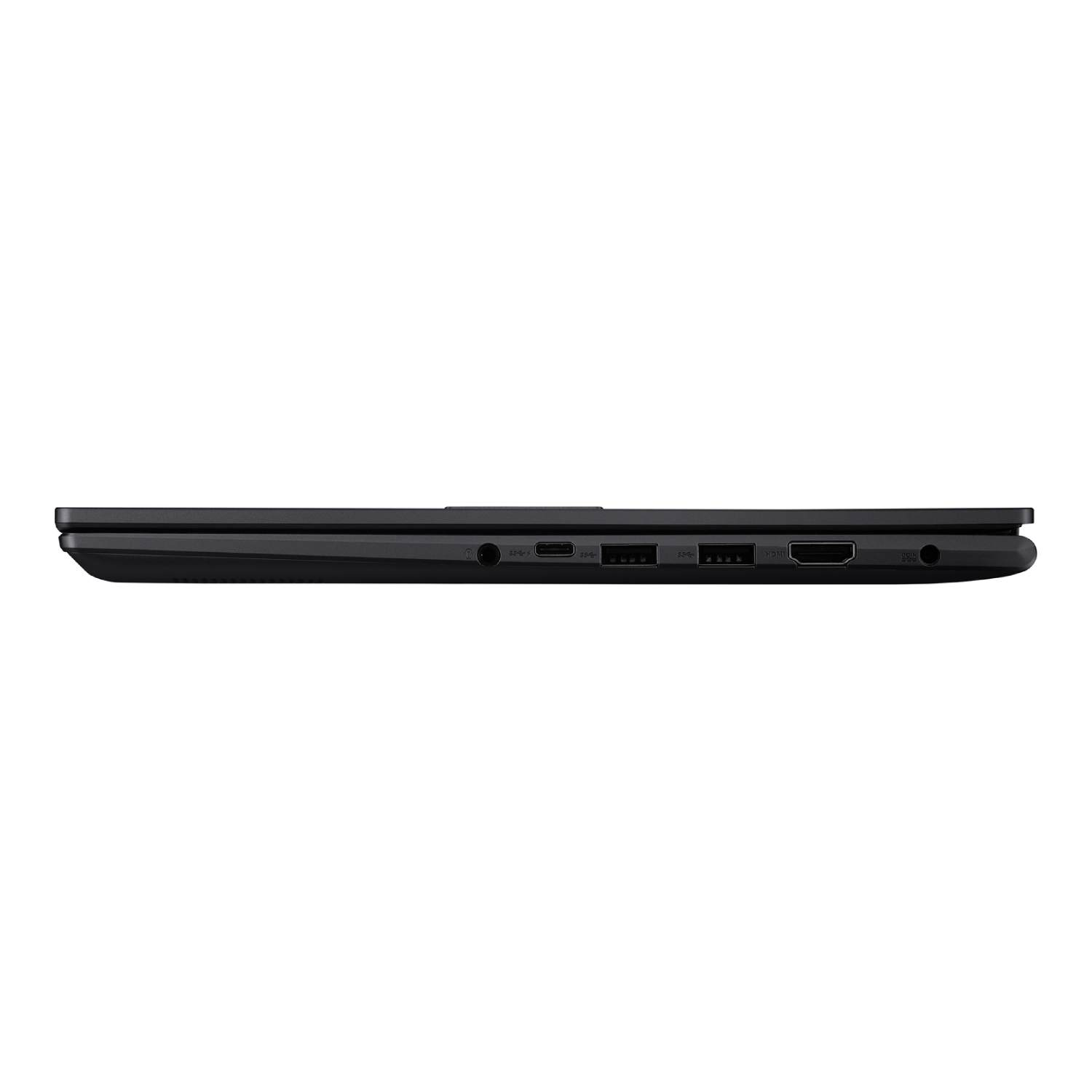 A black laptop side view. Visible ports include USB-C, USB, HDMI, and audio jack. The background is plain white.