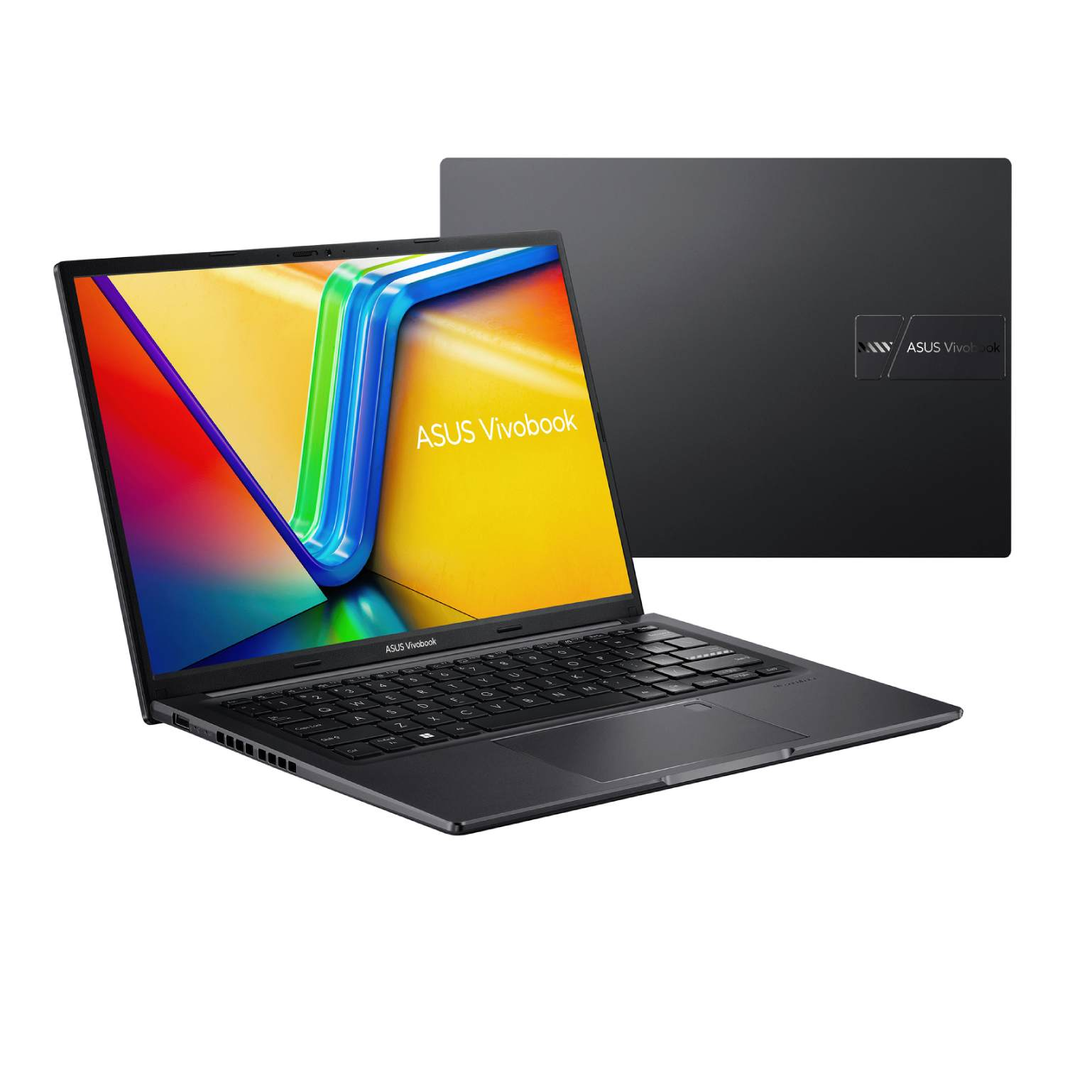 A dark gray ASUS Vivobook laptop is displayed open with screen showing a colorful image. A closed laptop is on the top-right.