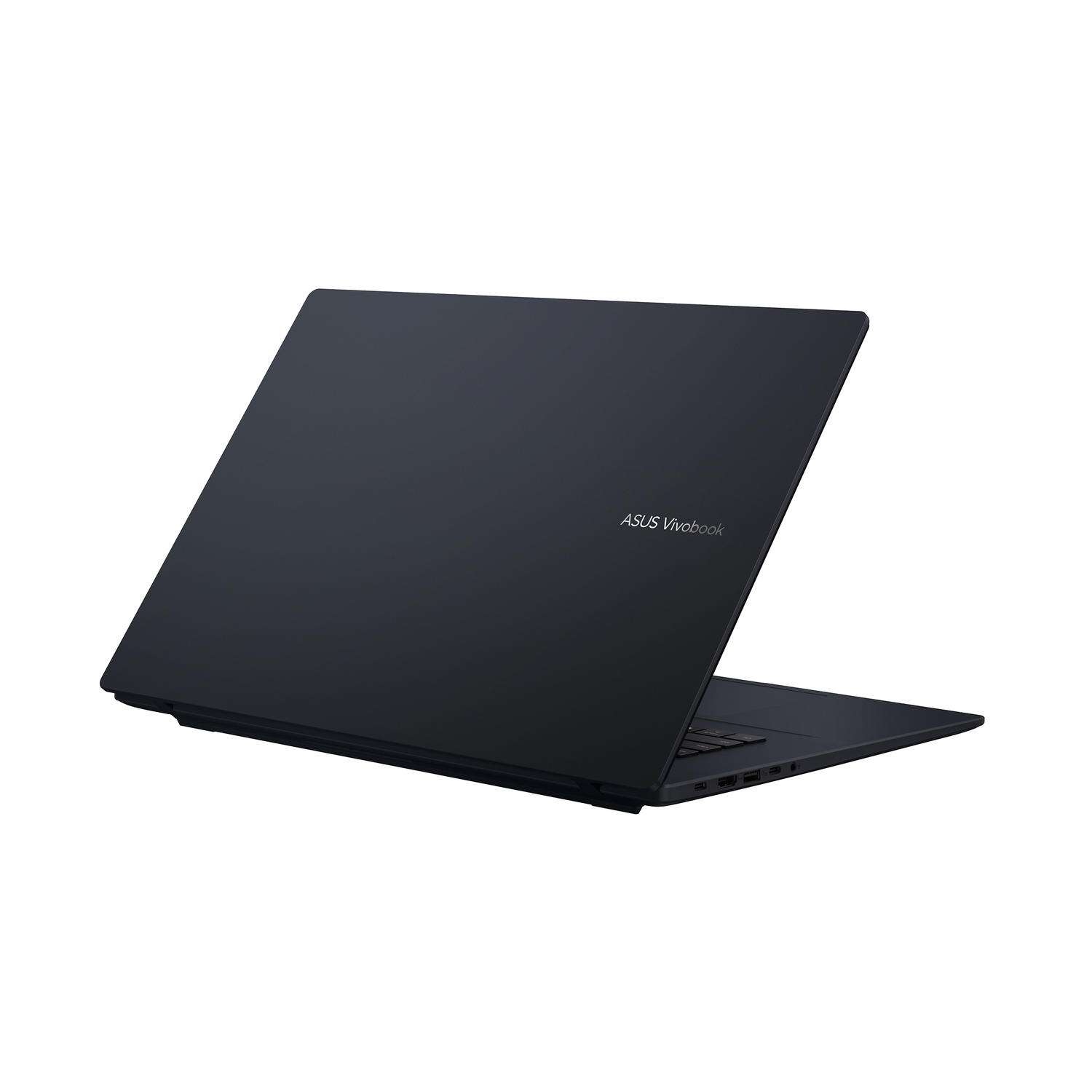 Ordinateur portable ASUS Vivobook noir légèrement ouvert sur fond blanc. Clavier et ports visibles.