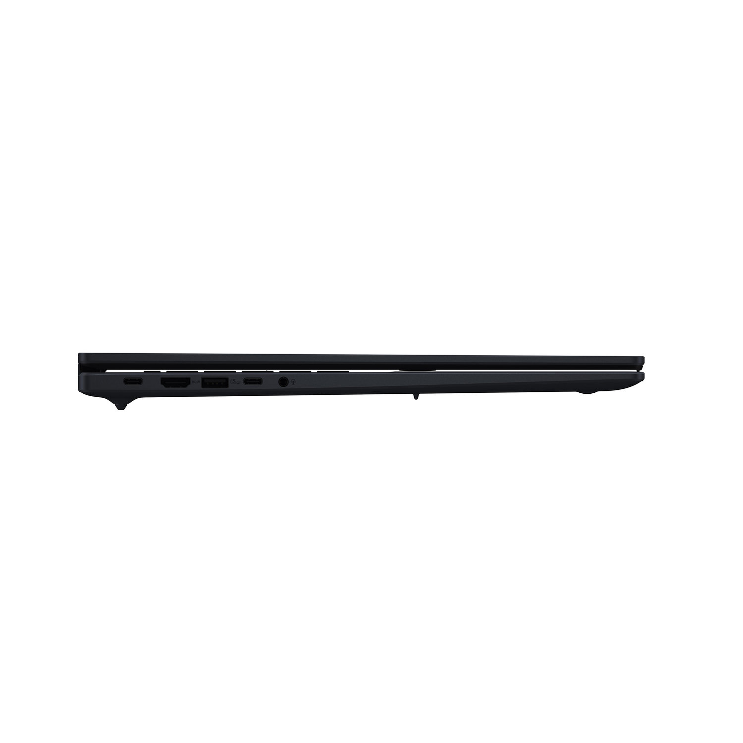 Vue latérale d'un ordinateur portable noir. Les ports visibles incluent USB-C, HDMI et autres. L'ordinateur portable est fermé sur fond blanc.