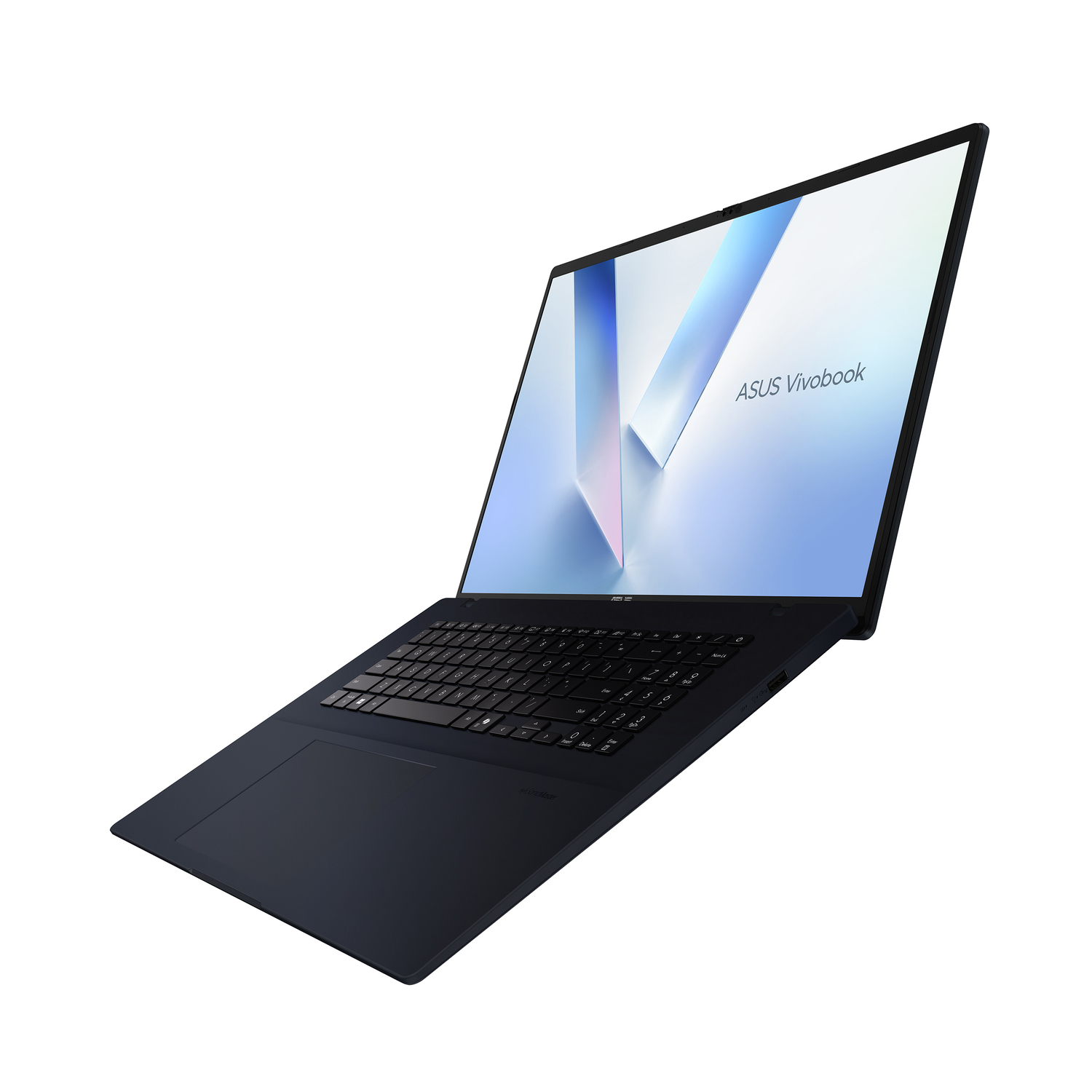 Un ordinateur portable ASUS Vivobook bleu foncé est ouvert en angle. L'écran affiche un design bleu clair et blanc. Clavier et pavé tactile sont visibles.