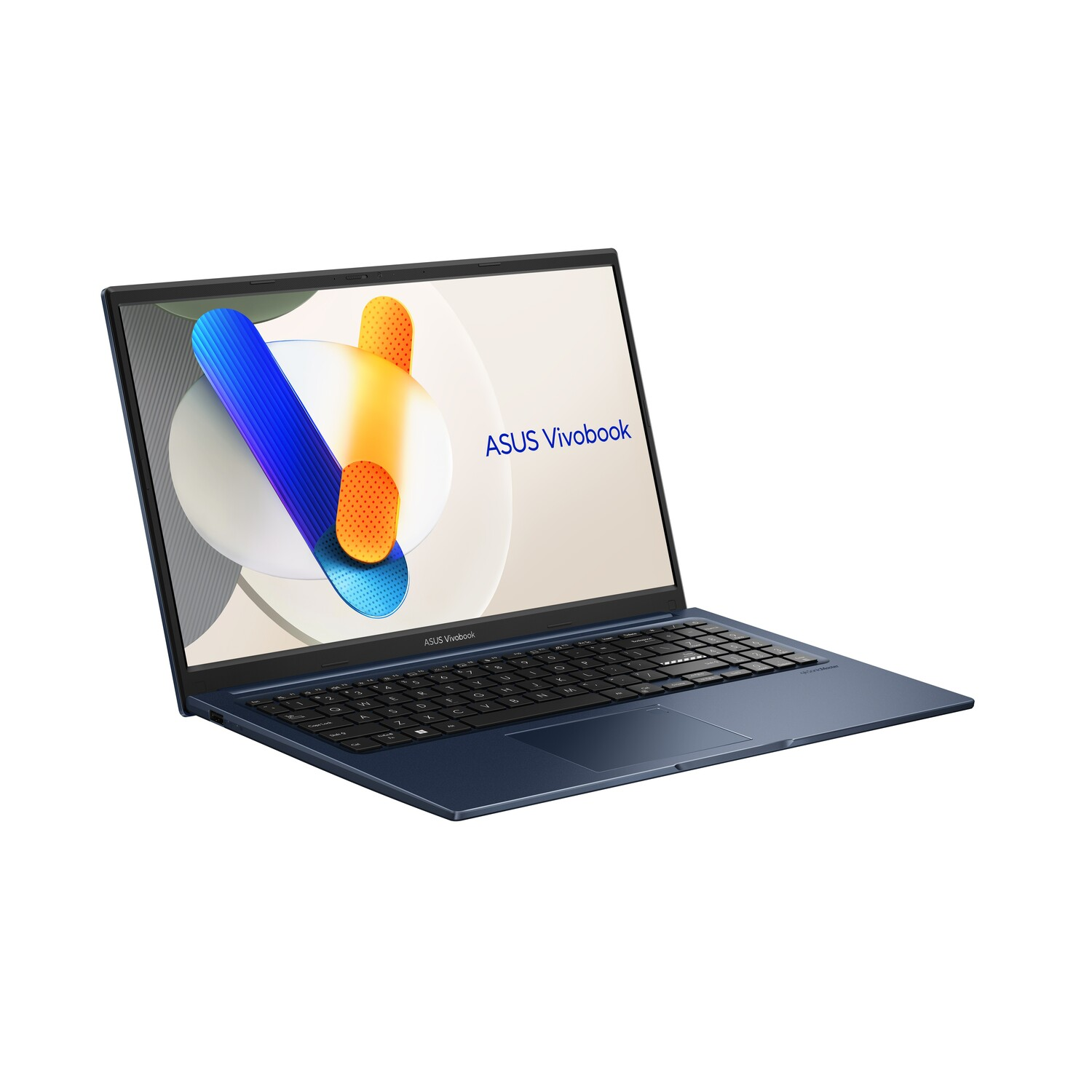A blue ASUS Vivobook laptop is open, displaying a colorful abstract design on the screen. The keyboard is black.