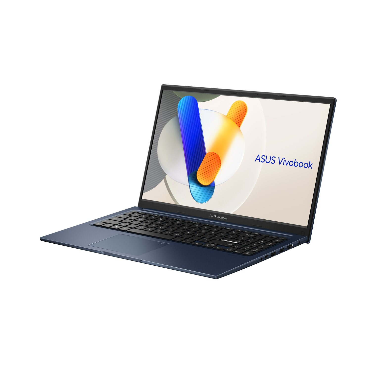 Blue ASUS Vivobook laptop on a white background. Screen displays an abstract design with blue, orange, and white elements.