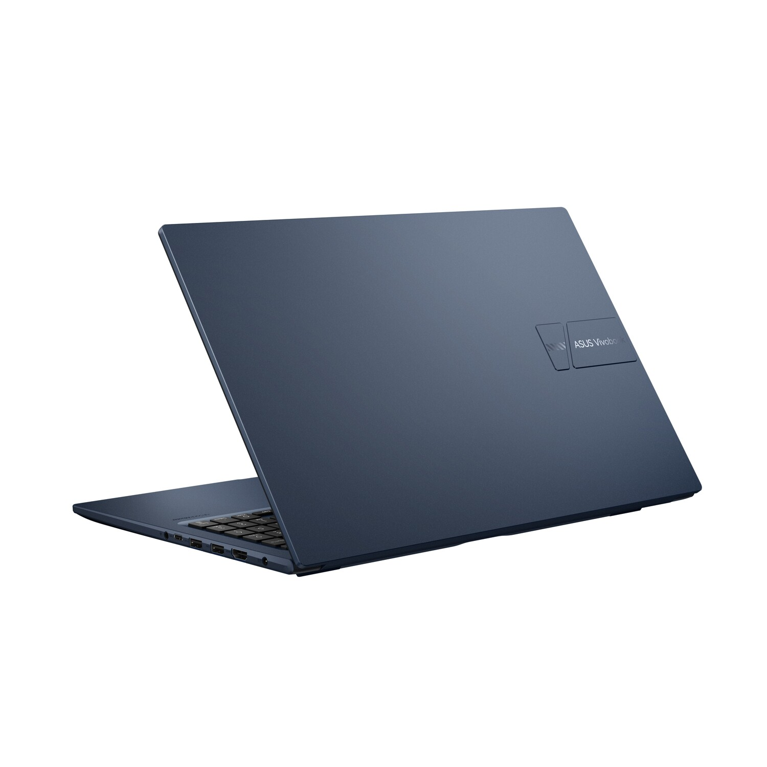 A dark blue laptop is slightly open, angled to the right. The ASUS Vivobook logo is visible. The background is white.